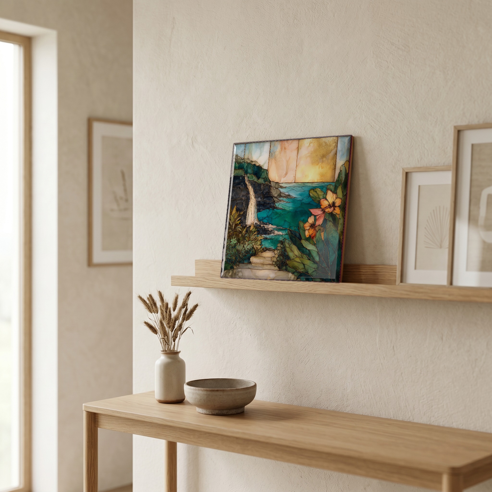 On a picture ledge, where the light comes in.