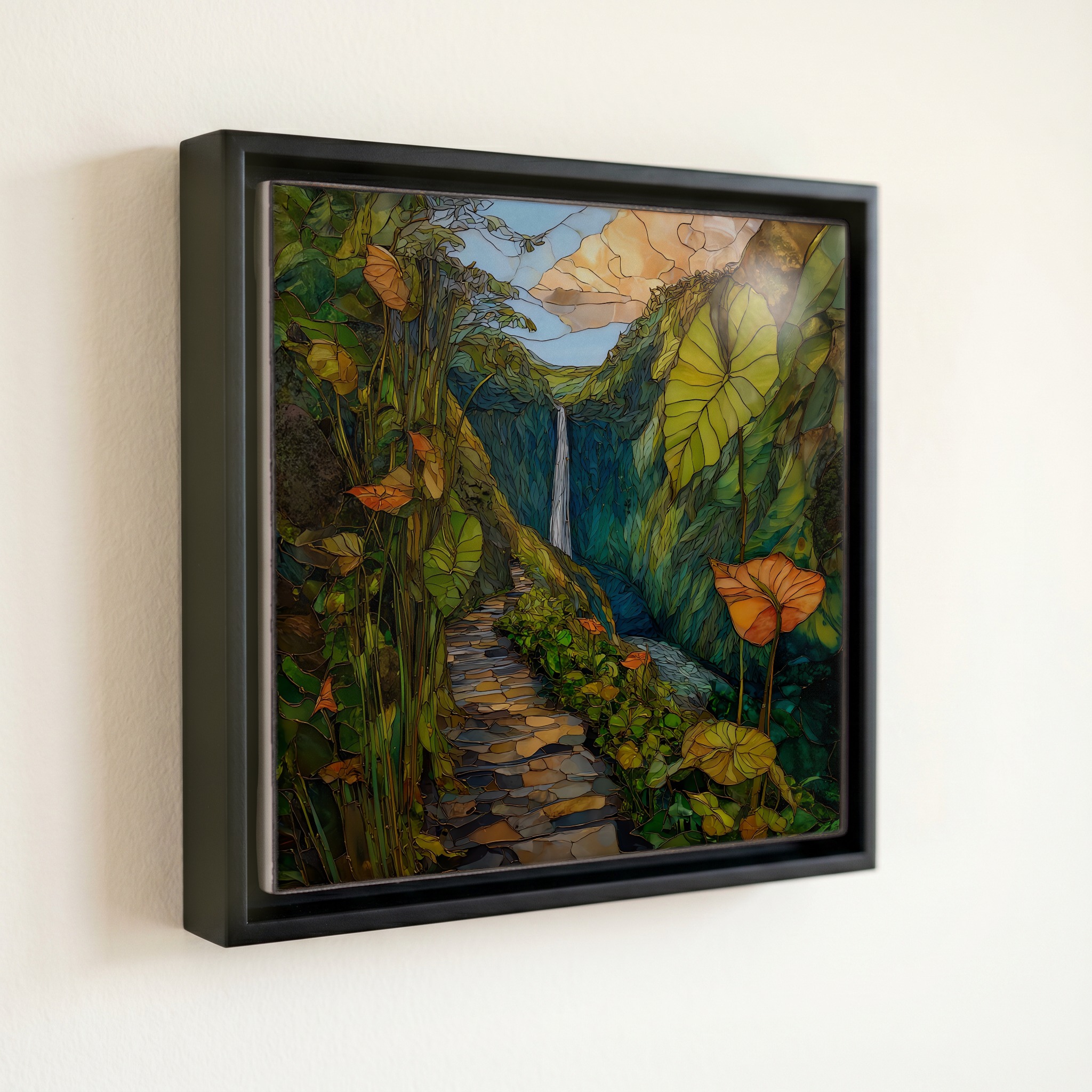 shown in a slim black floating frame · 6 × 6 in