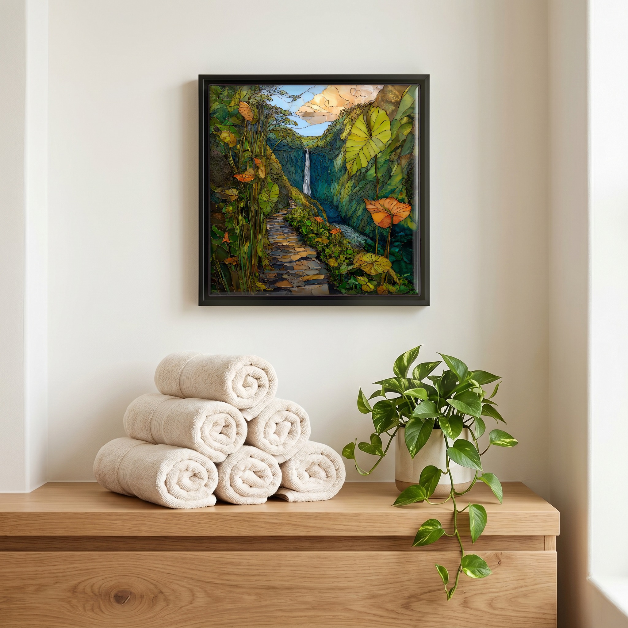 Above the linens, in a slim black surround.