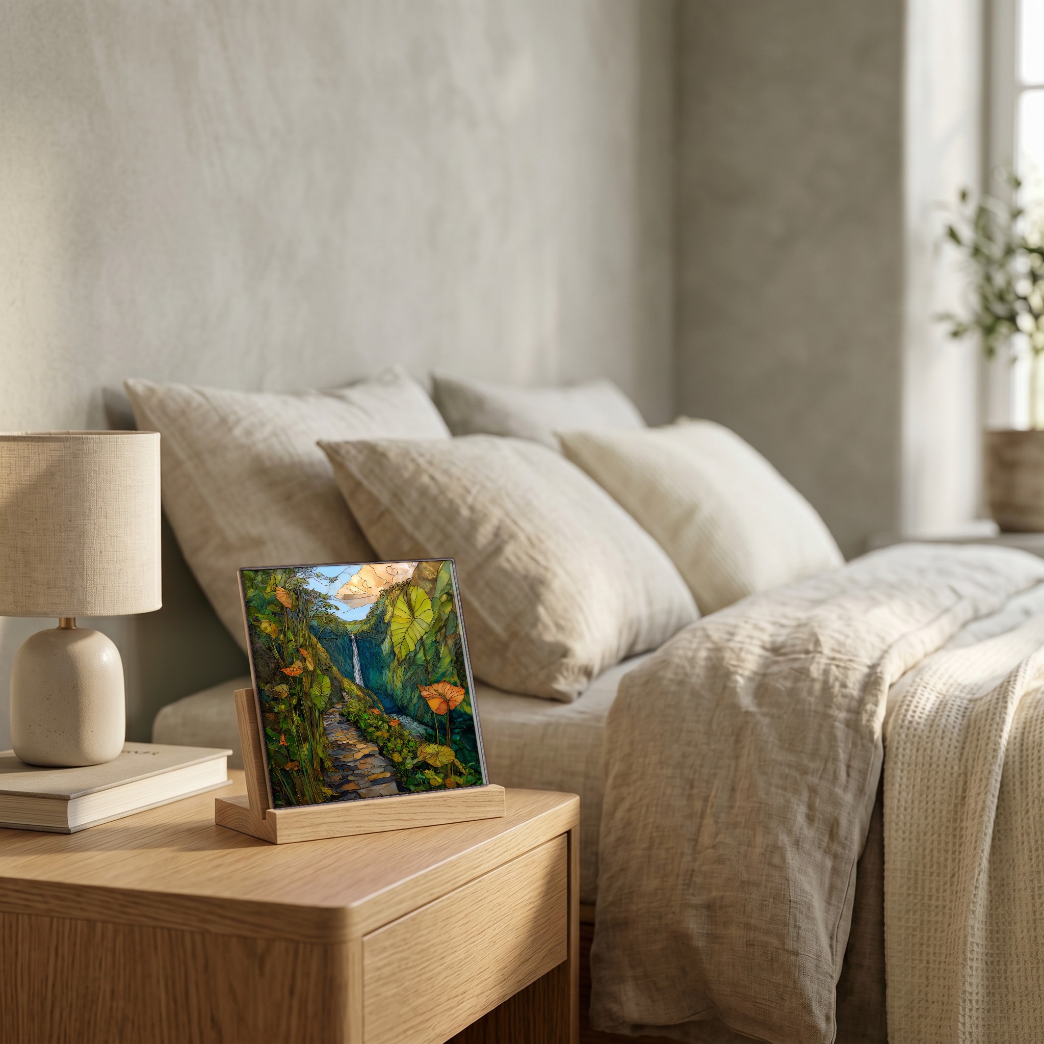 On the nightstand, on a light oak stand.
