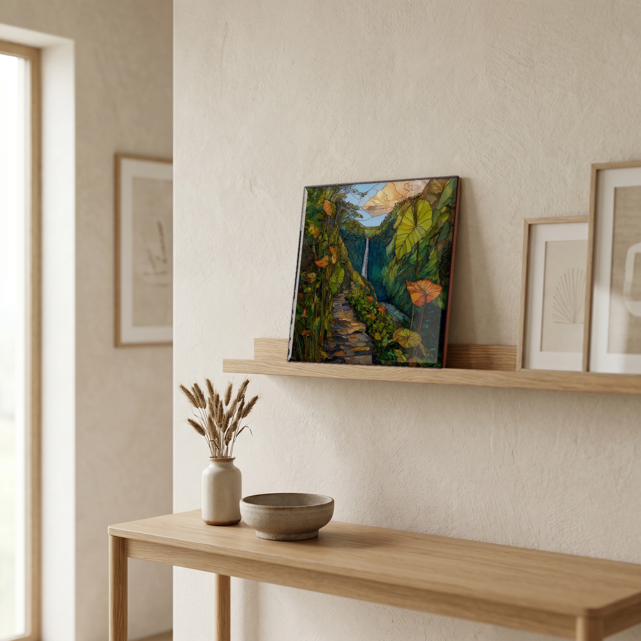 On a picture ledge, where the light comes in.