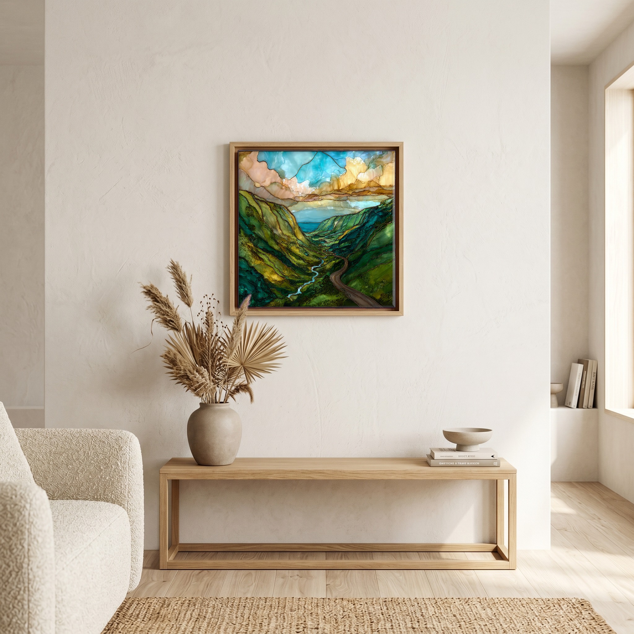 Above the bench, in a warm oak surround.