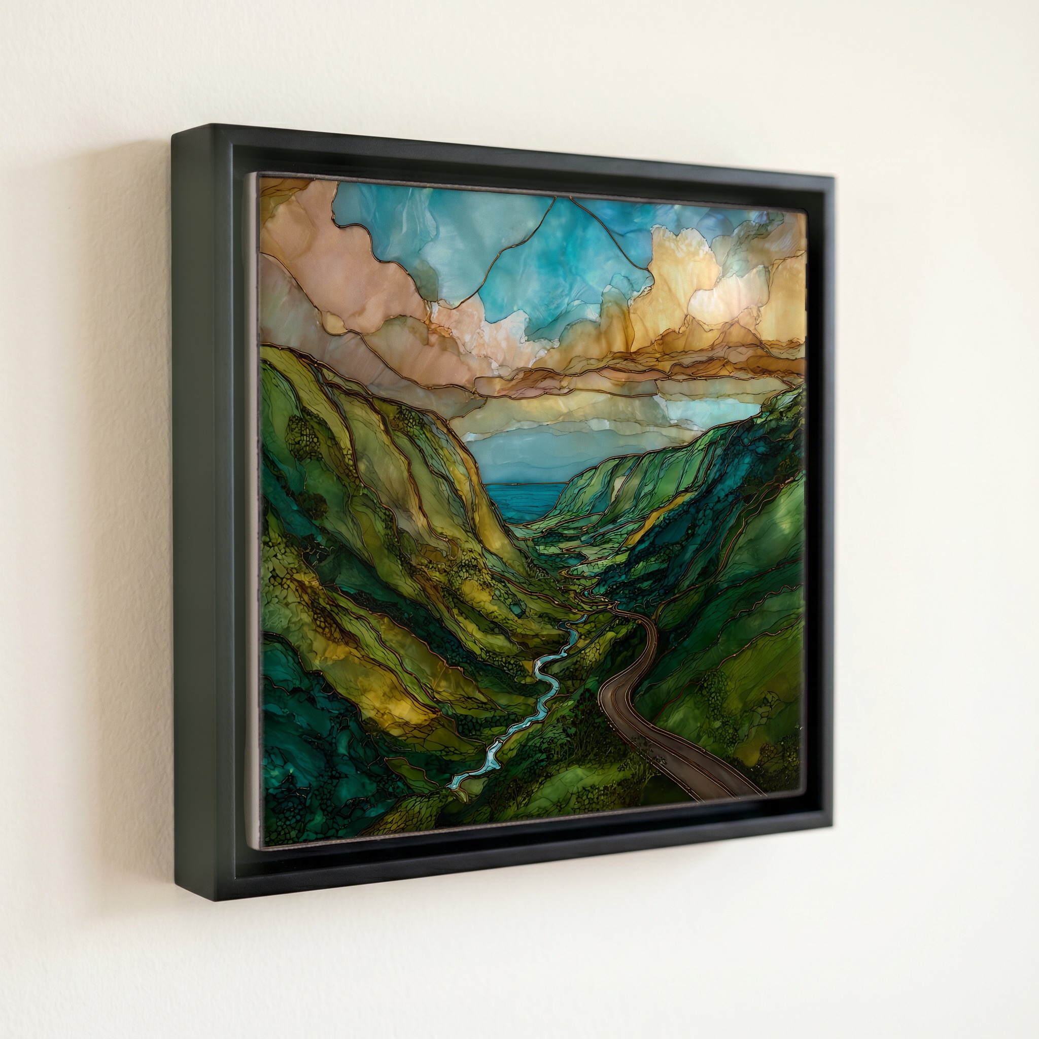 shown in a slim black floating frame · 6 × 6 in