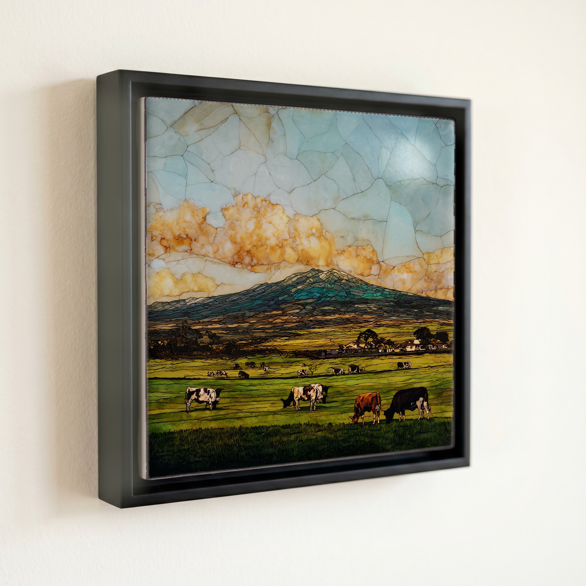 shown in a slim black floating frame · 6 × 6 in