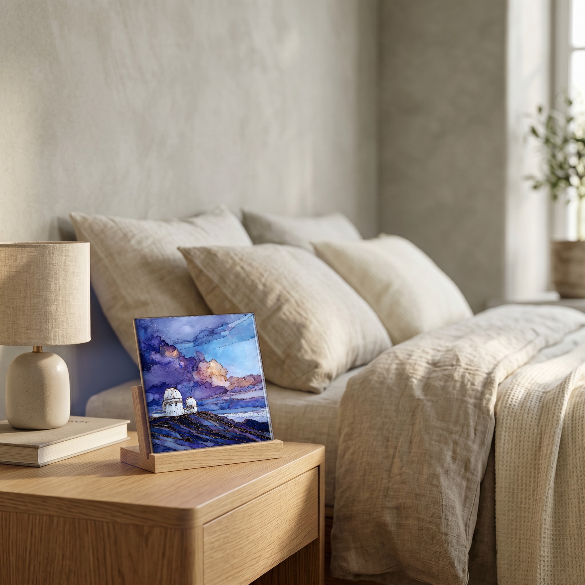 On the nightstand, on a light oak stand.