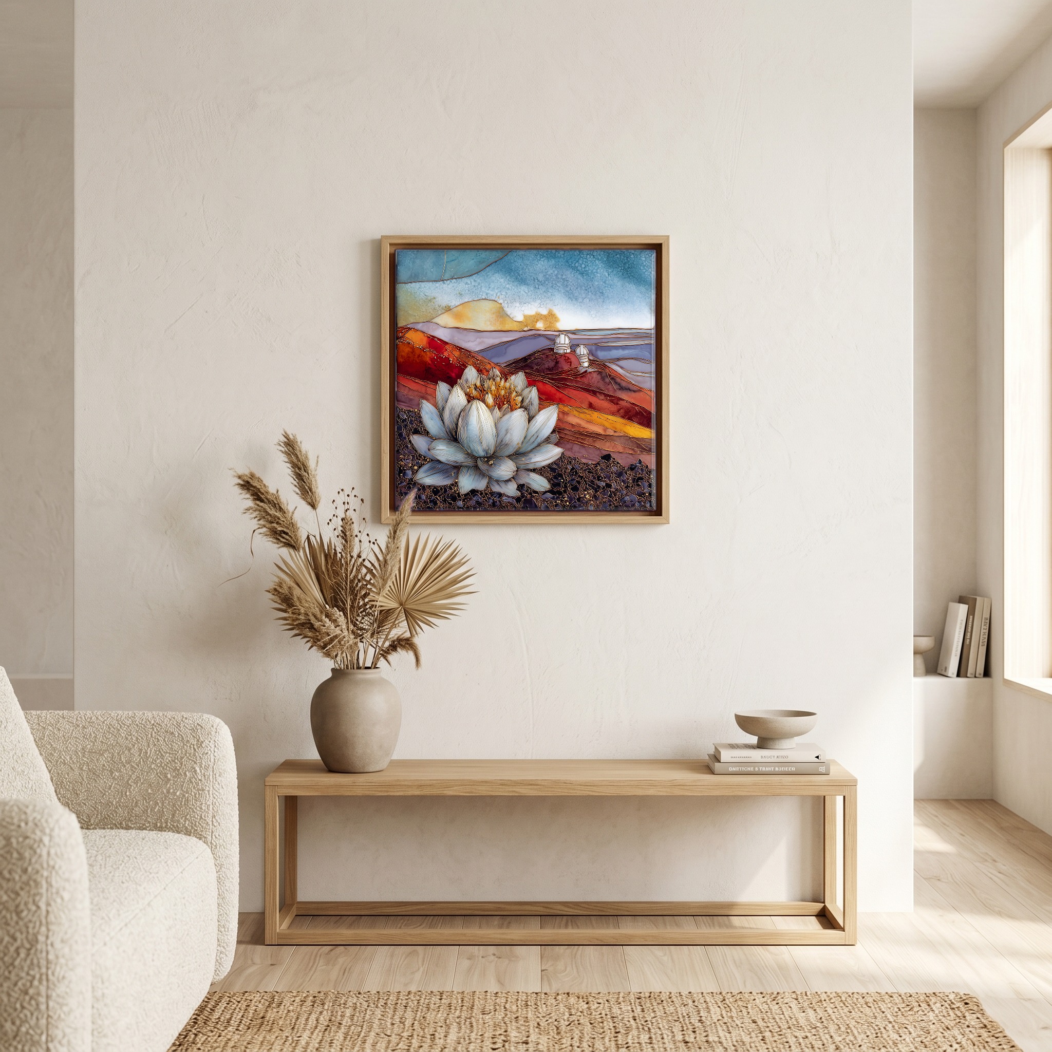 Above the bench, in a warm oak surround.