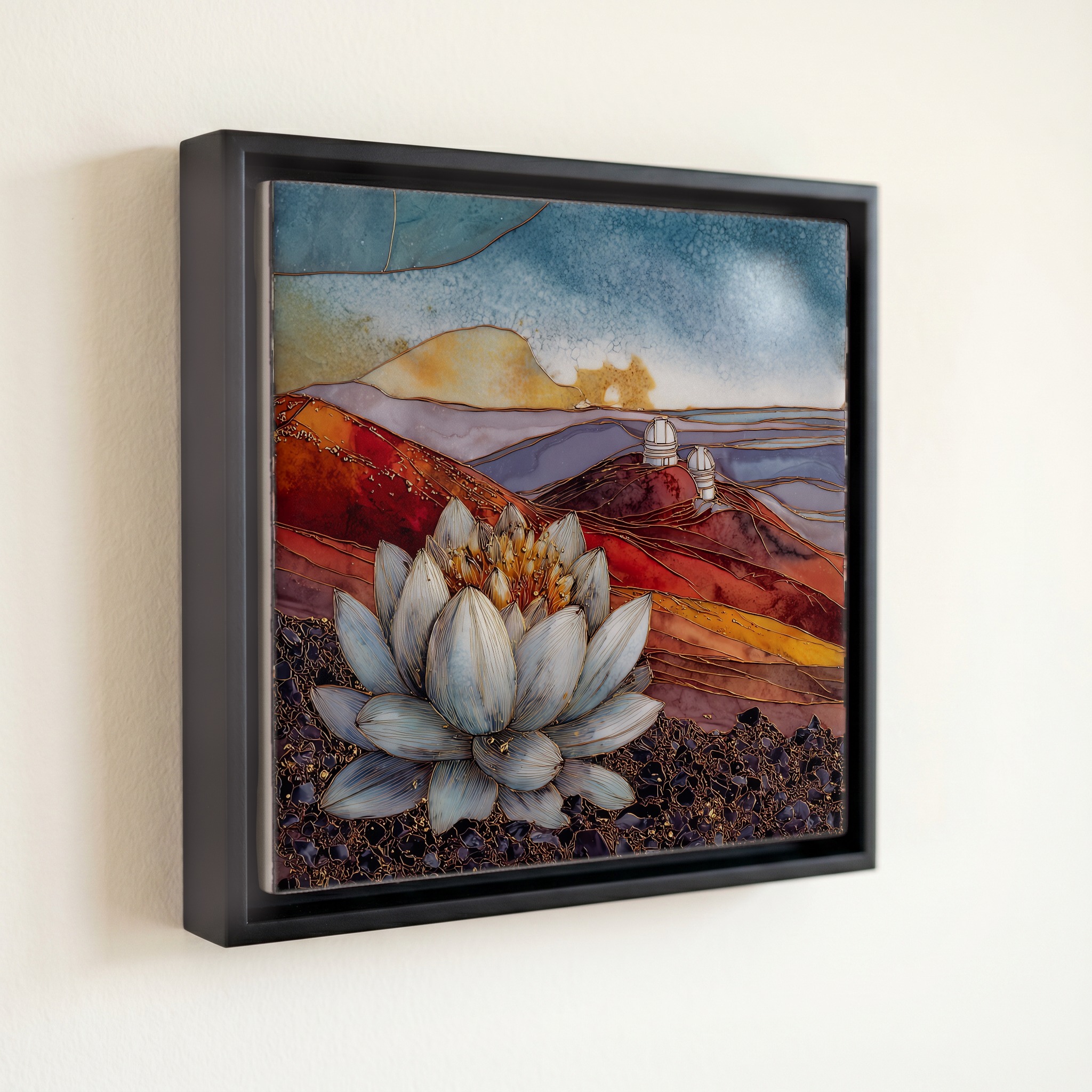 shown in a slim black floating frame · 6 × 6 in