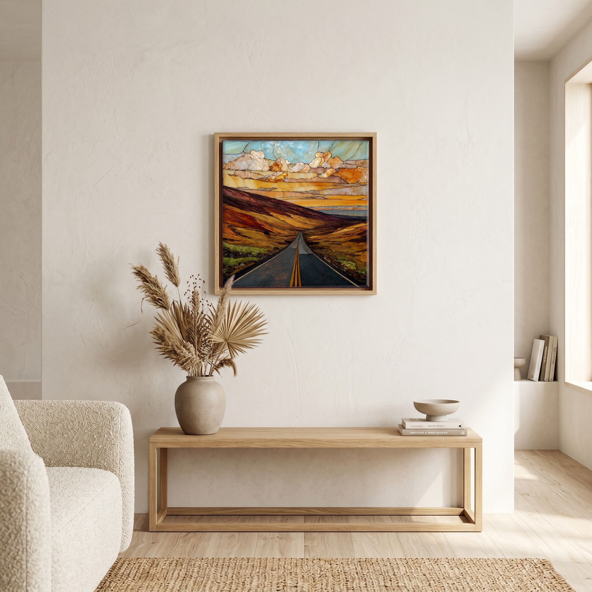 Above the bench, in a warm oak surround.