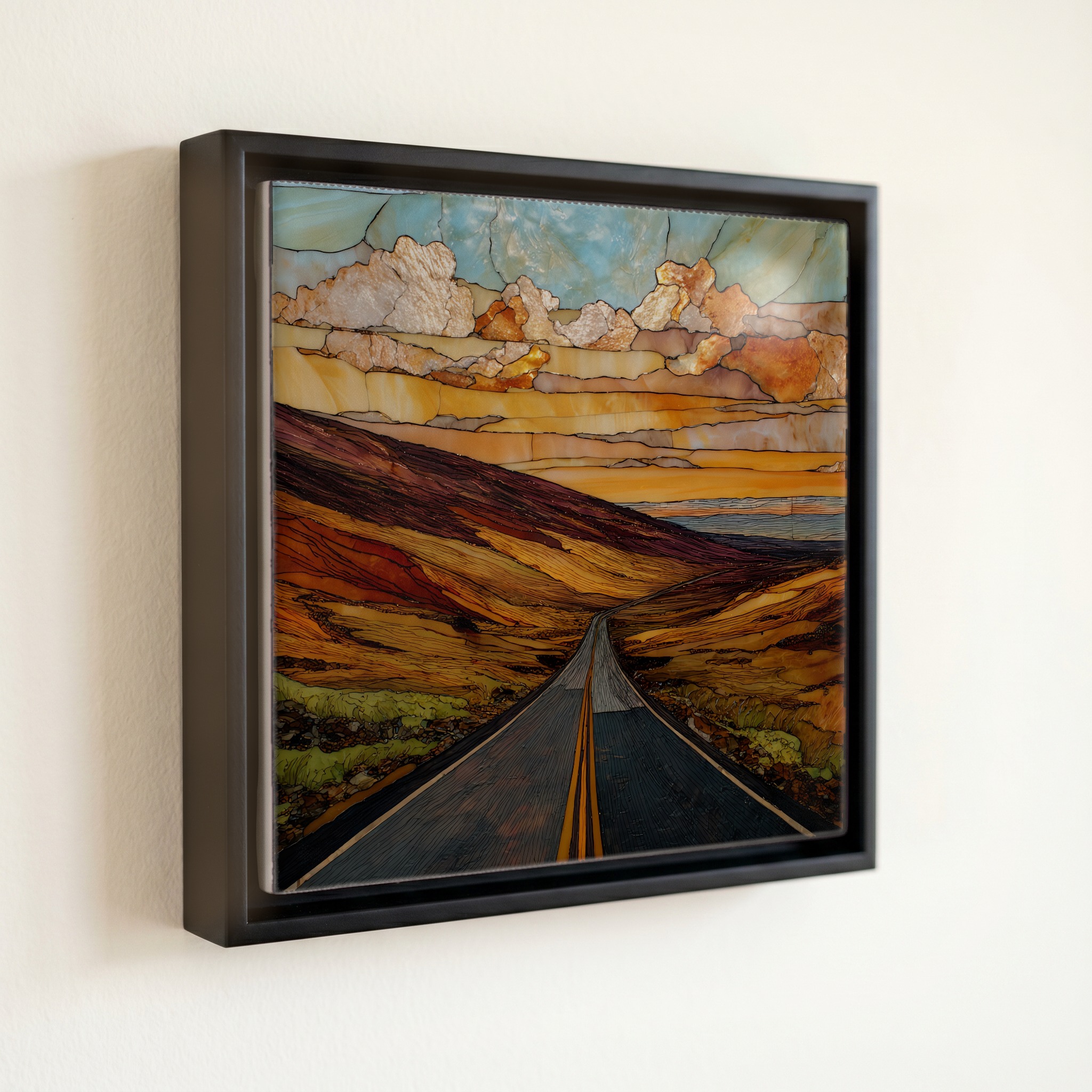 shown in a slim black floating frame · 6 × 6 in