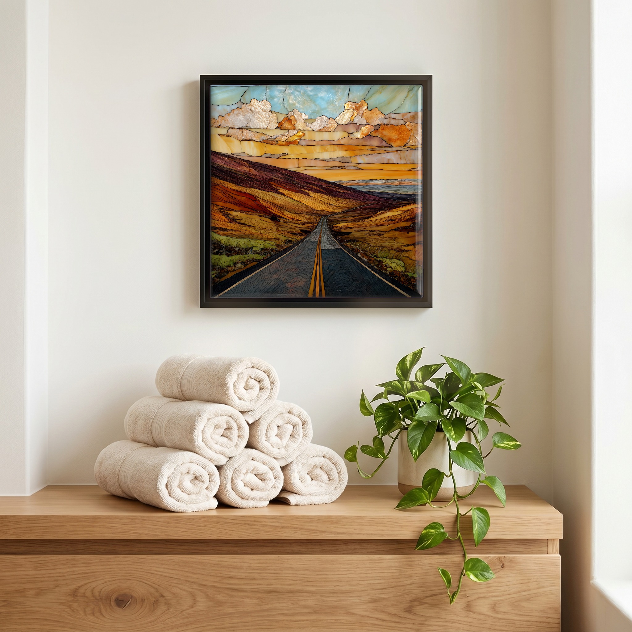 Above the linens, in a slim black surround.