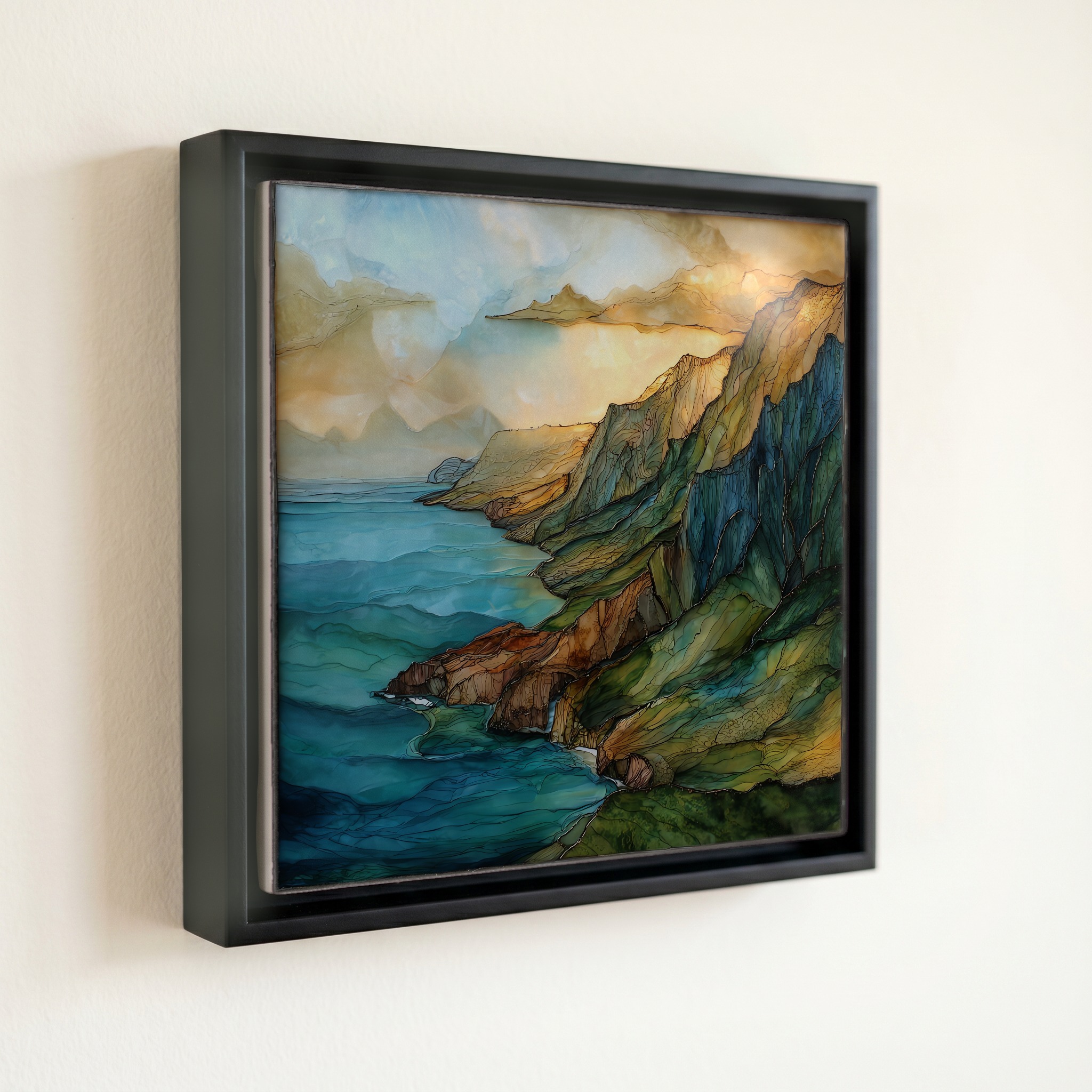 shown in a slim black floating frame · 6 × 6 in
