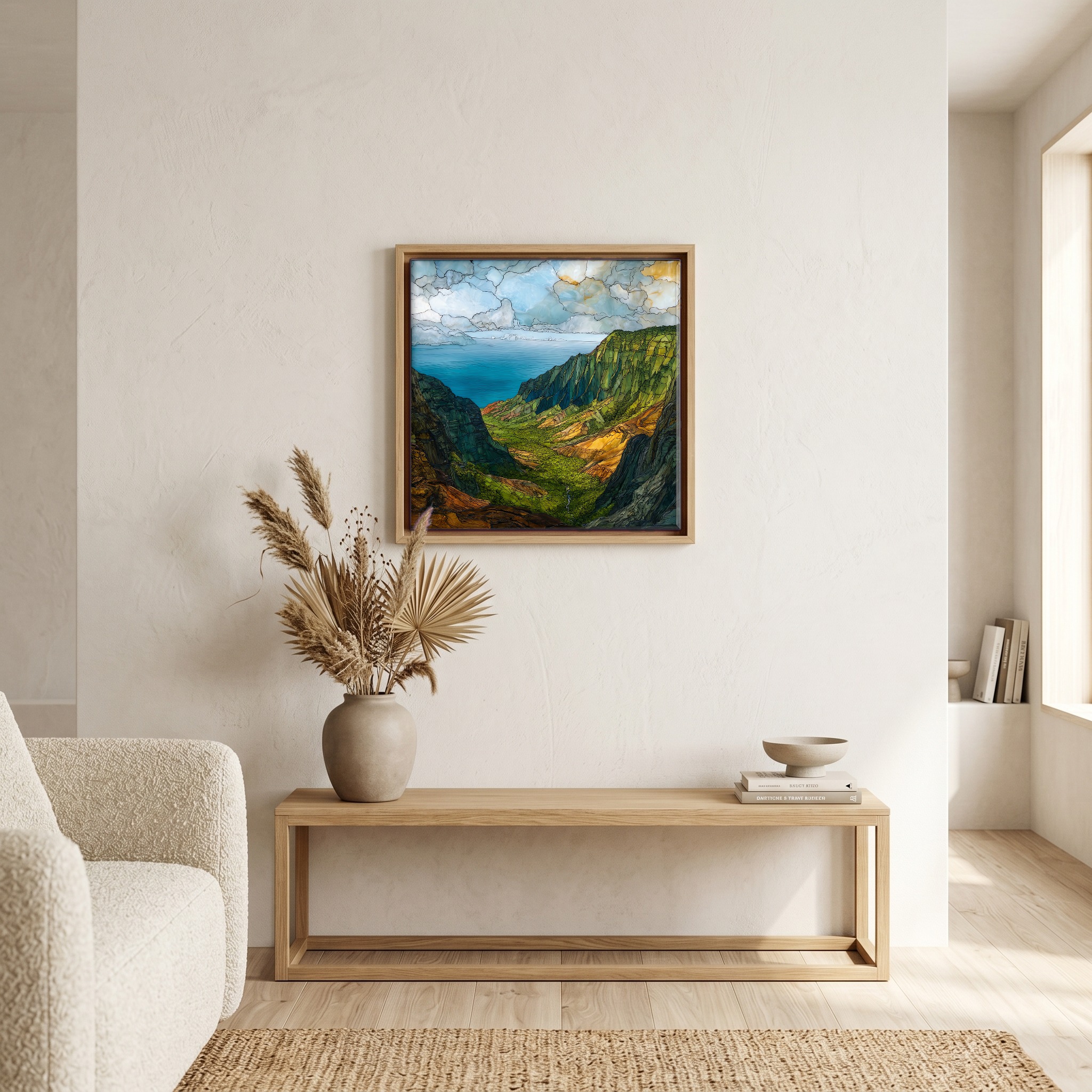 Above the bench, in a warm oak surround.