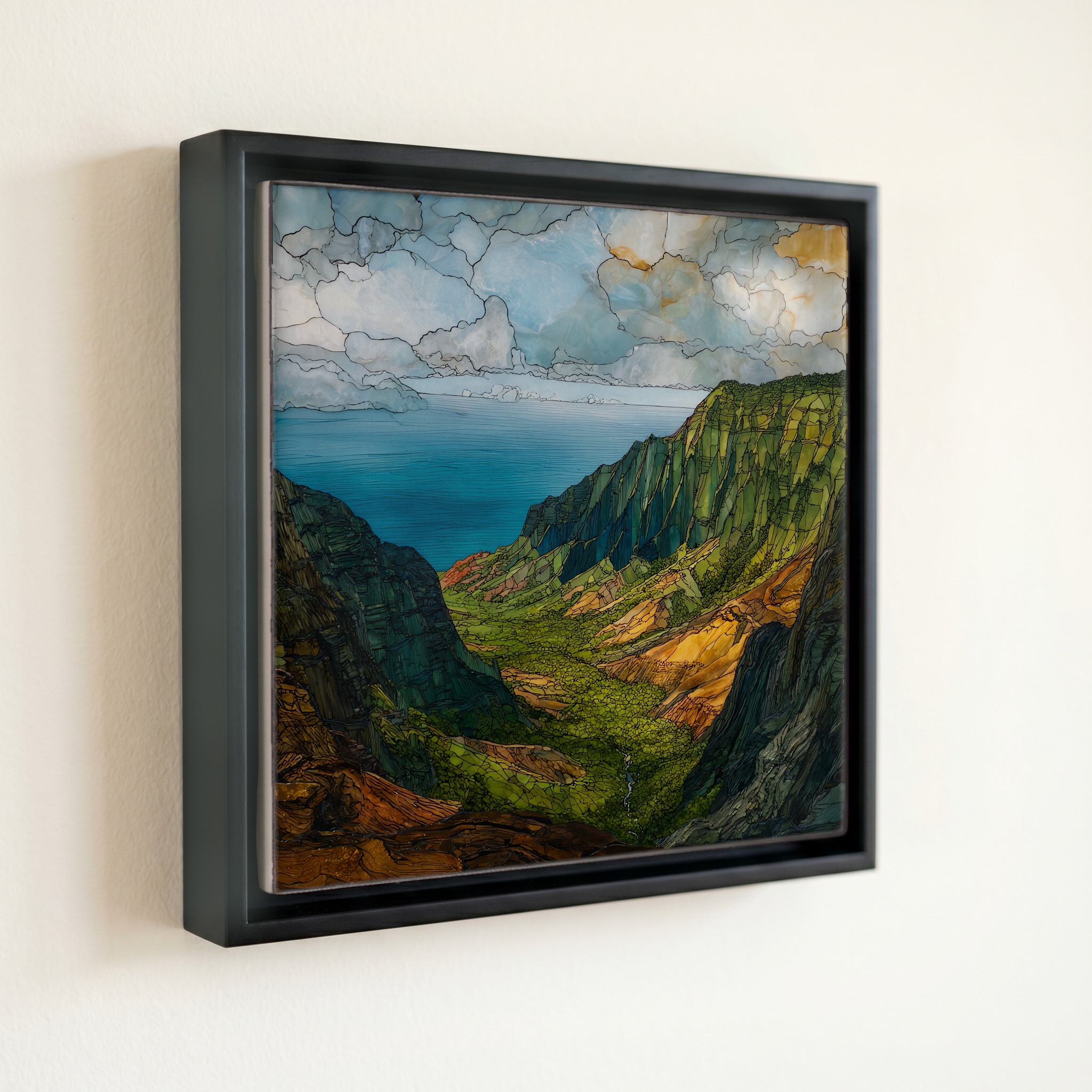 shown in a slim black floating frame · 6 × 6 in
