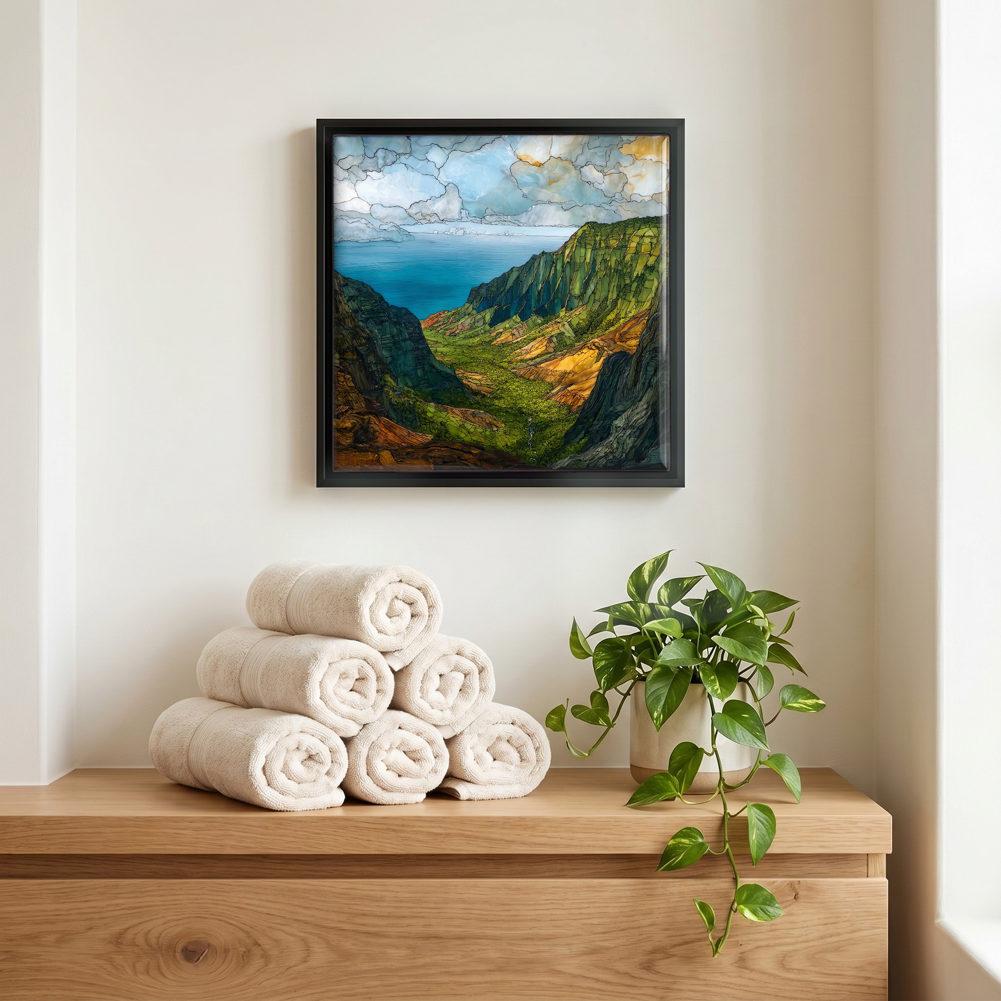 Above the linens, in a slim black surround.