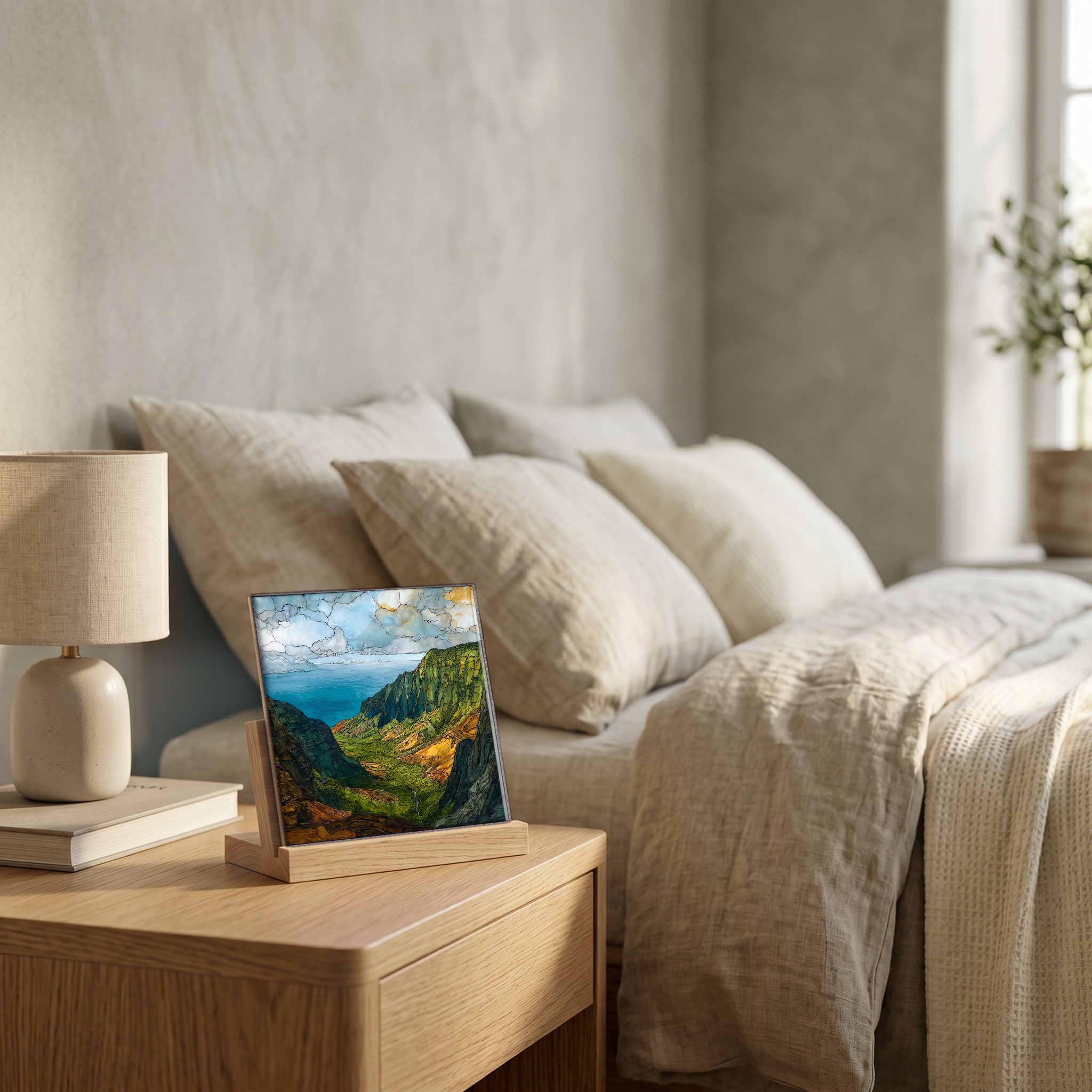 On the nightstand, on a light oak stand.