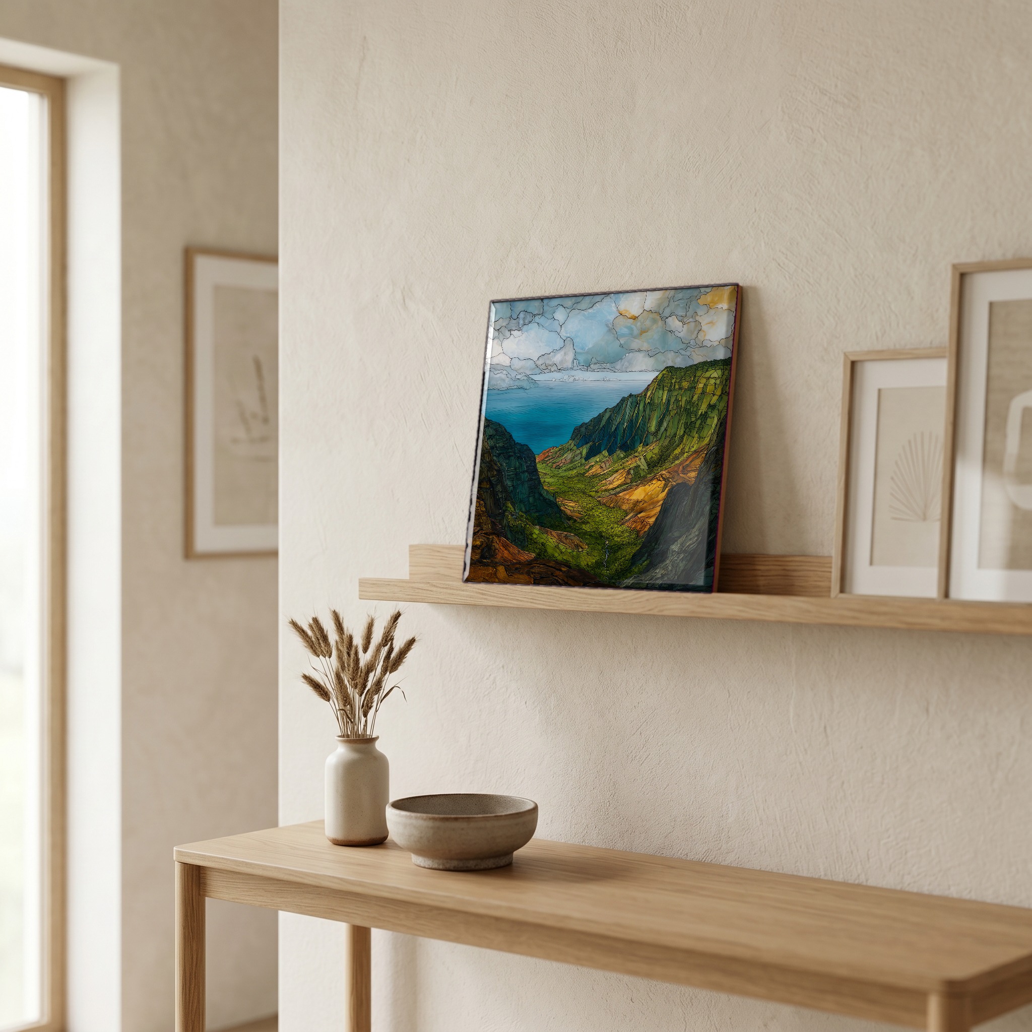 On a picture ledge, where the light comes in.