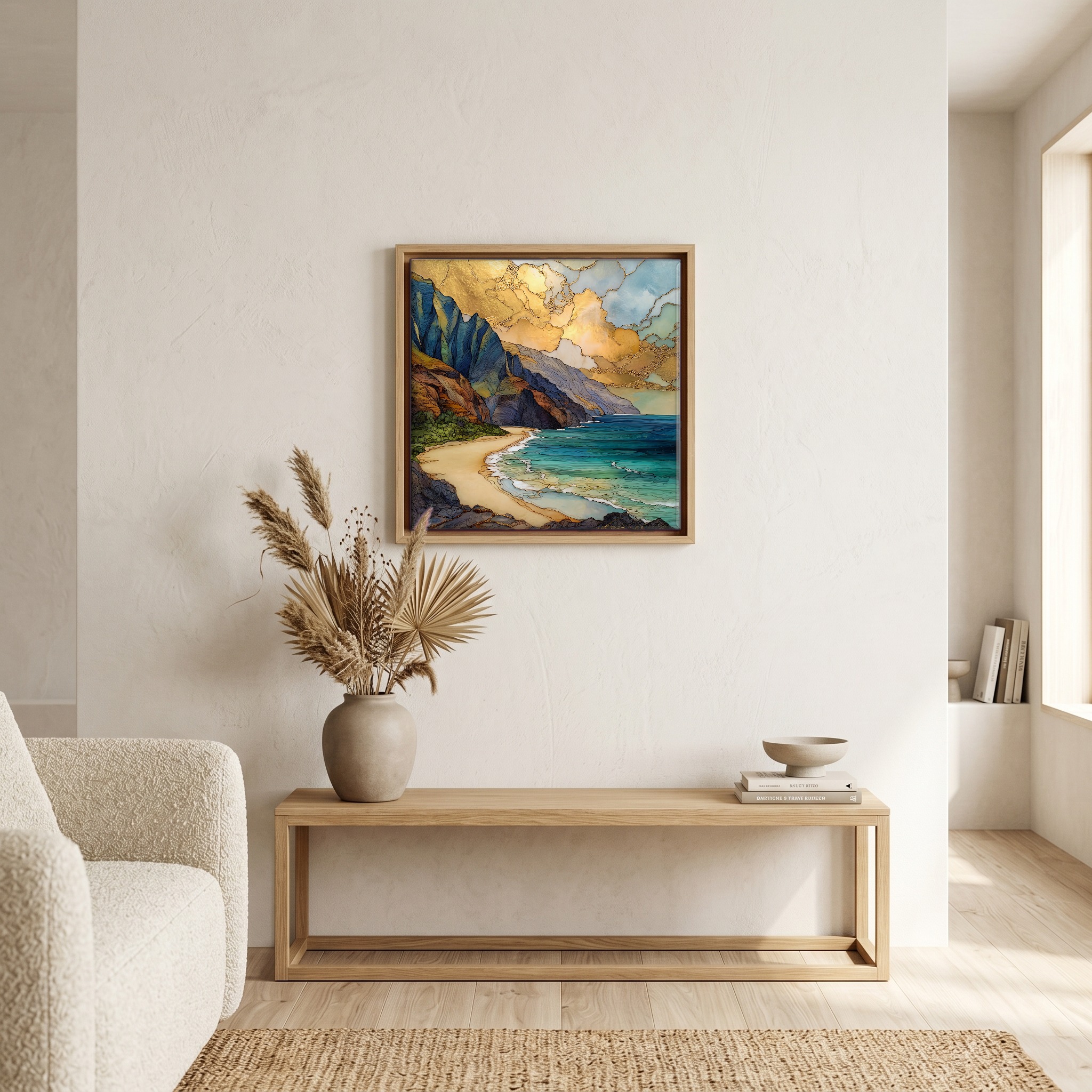 Above the bench, in a warm oak surround.