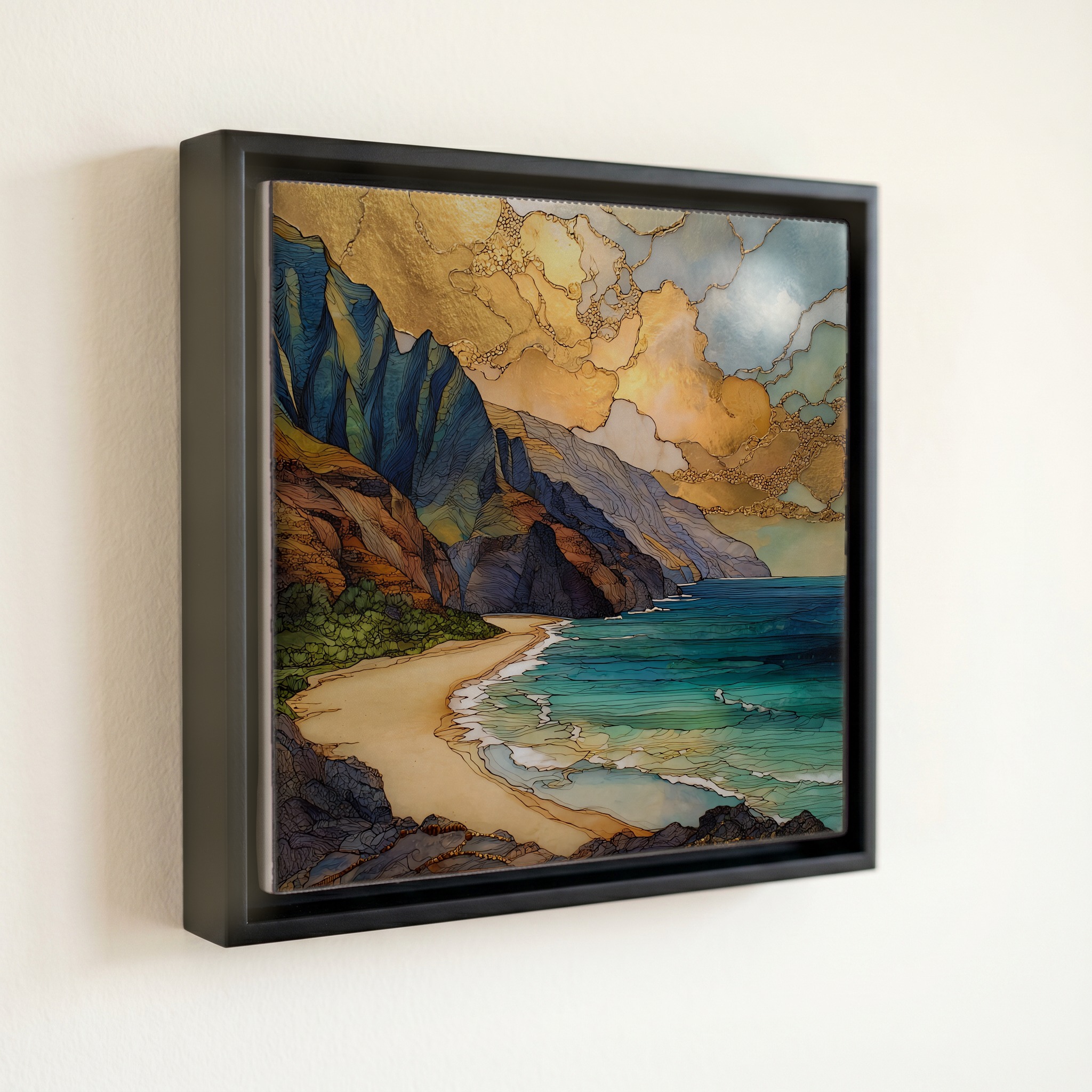 shown in a slim black floating frame · 6 × 6 in