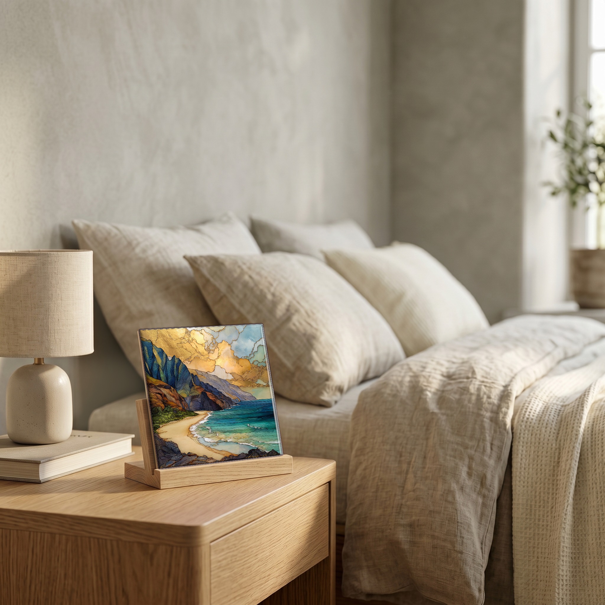 On the nightstand, on a light oak stand.