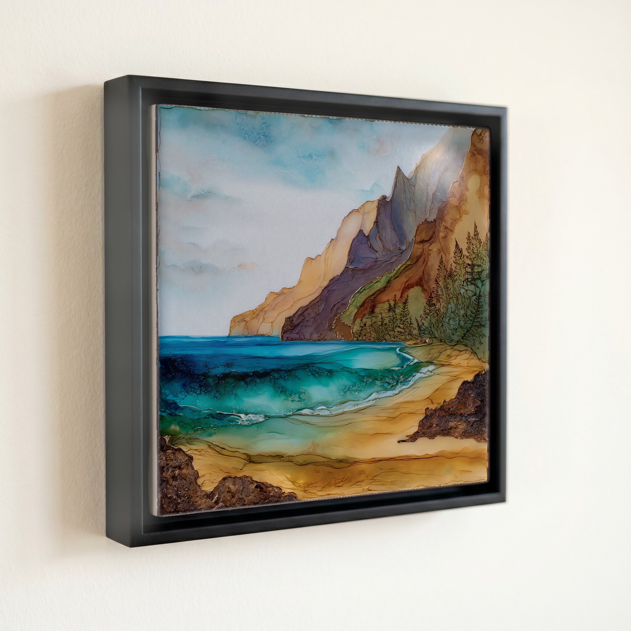 shown in a slim black floating frame · 6 × 6 in
