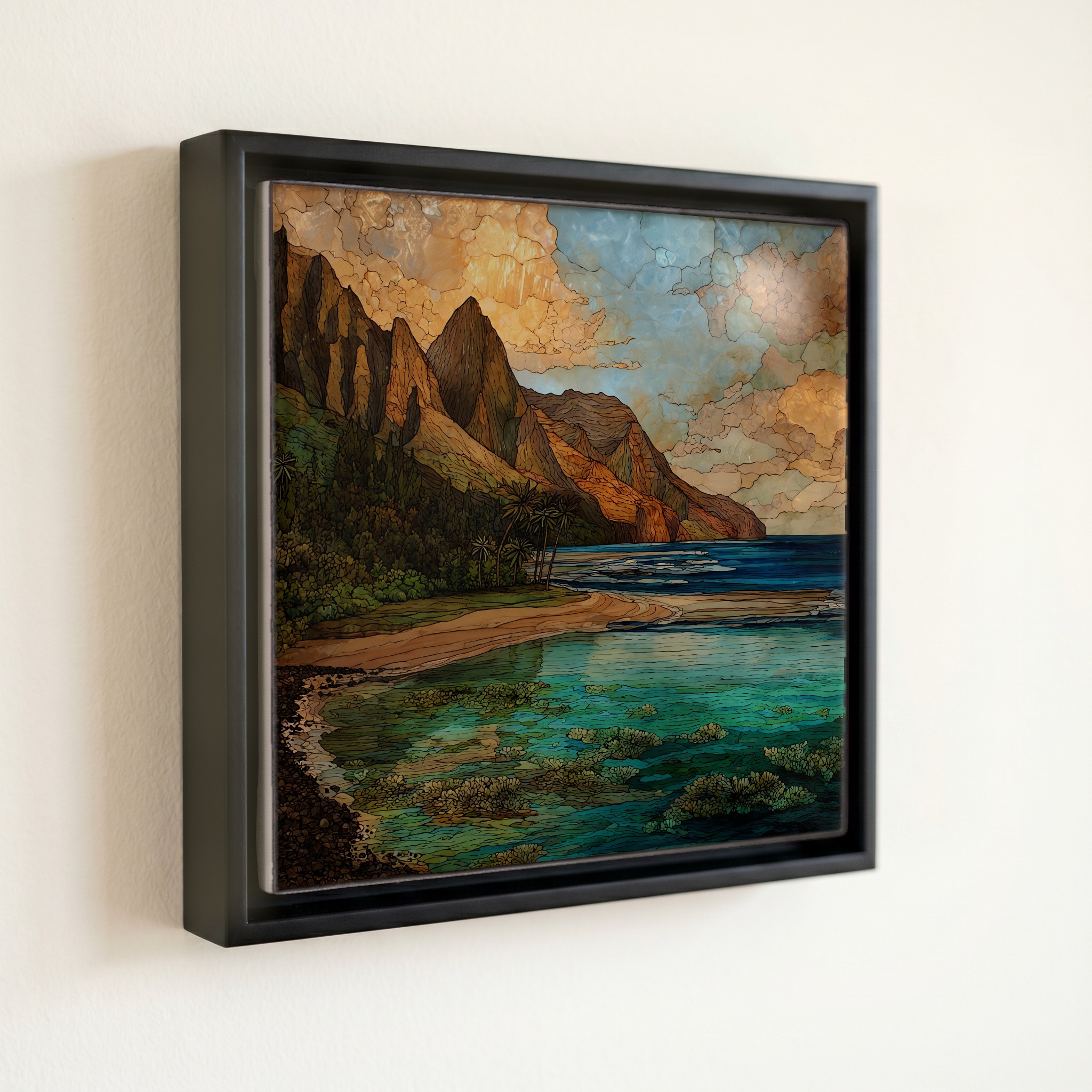 shown in a slim black floating frame · 6 × 6 in