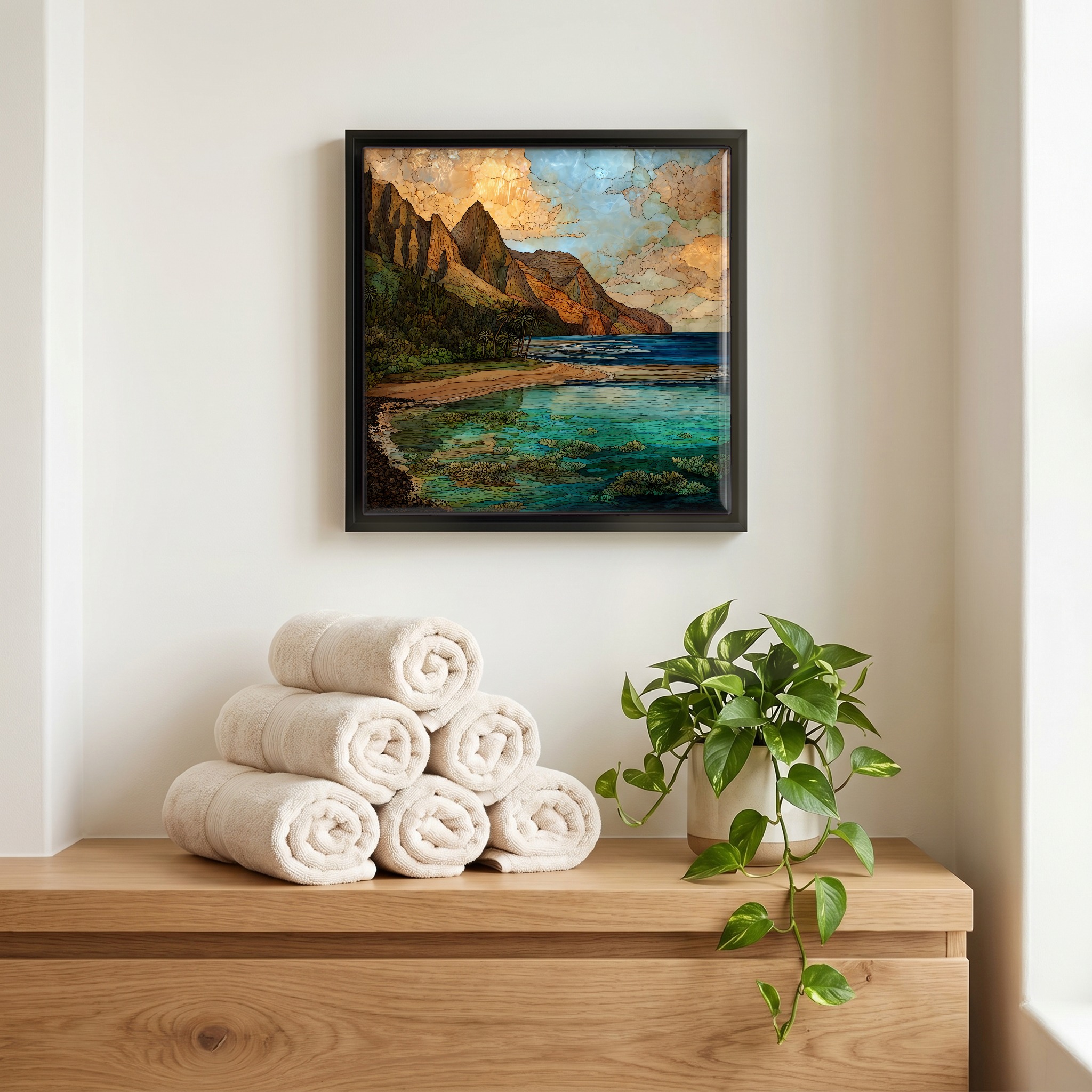 Above the linens, in a slim black surround.