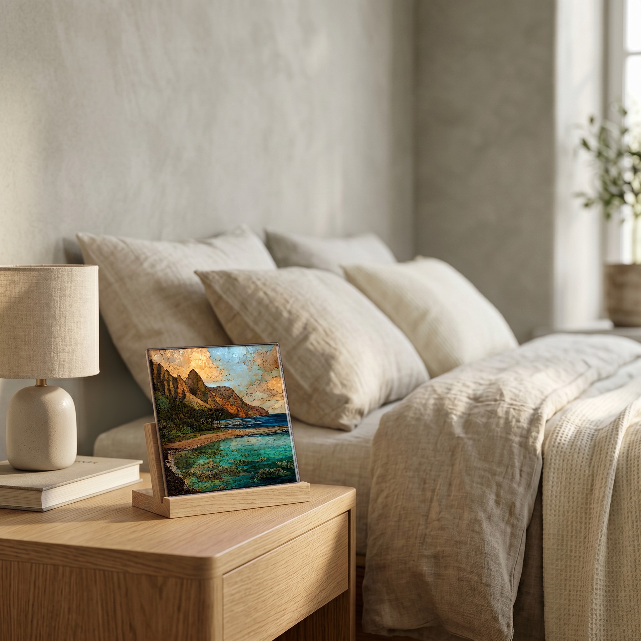 On the nightstand, on a light oak stand.