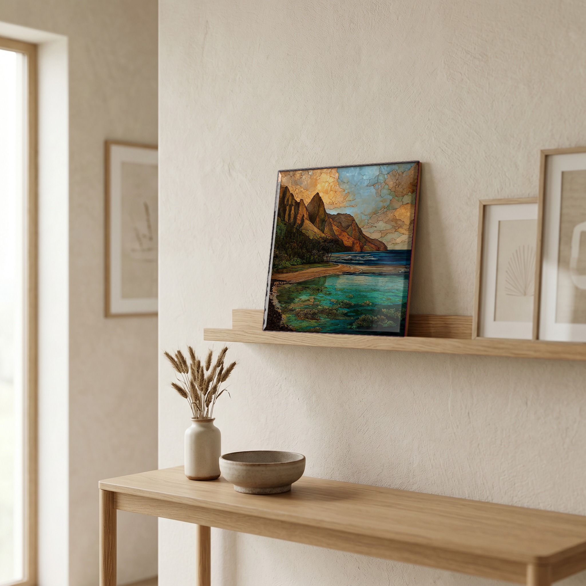 On a picture ledge, where the light comes in.