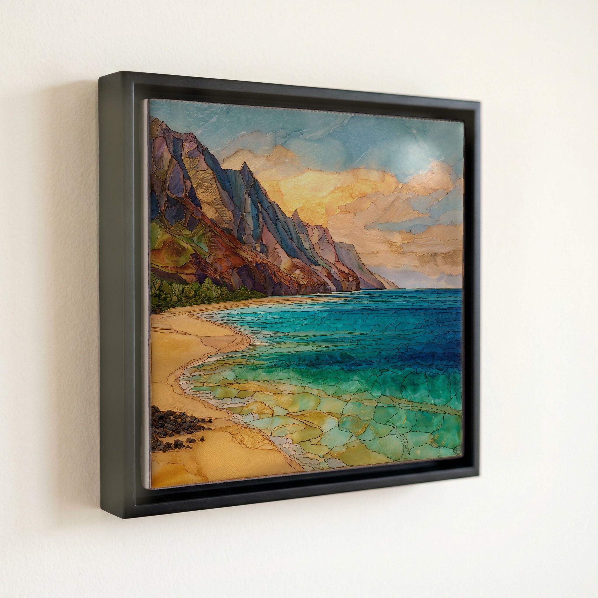 shown in a slim black floating frame · 6 × 6 in