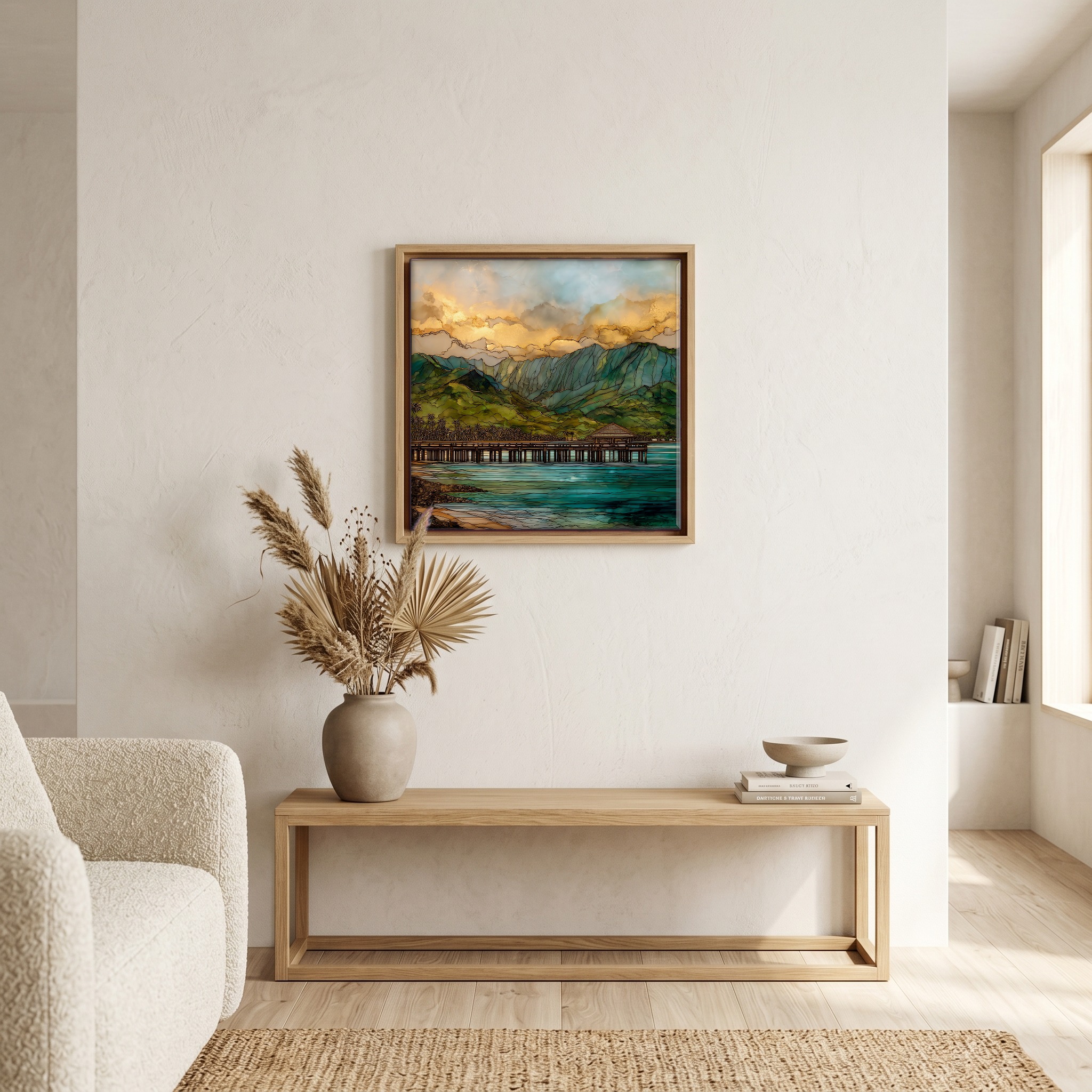 Above the bench, in a warm oak surround.