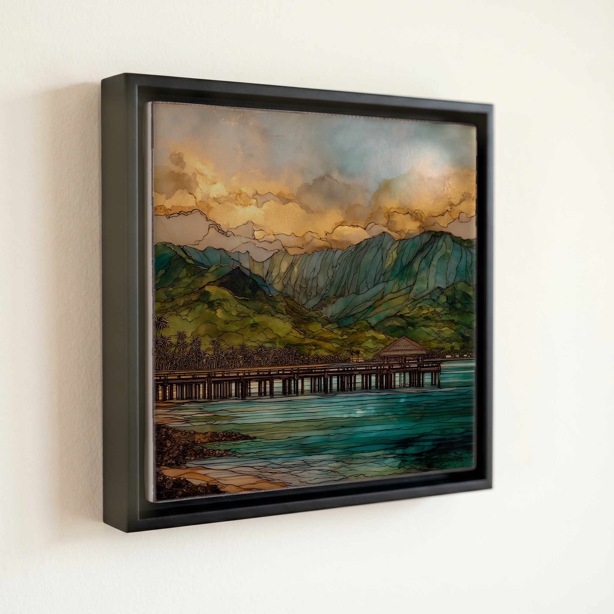shown in a slim black floating frame · 6 × 6 in