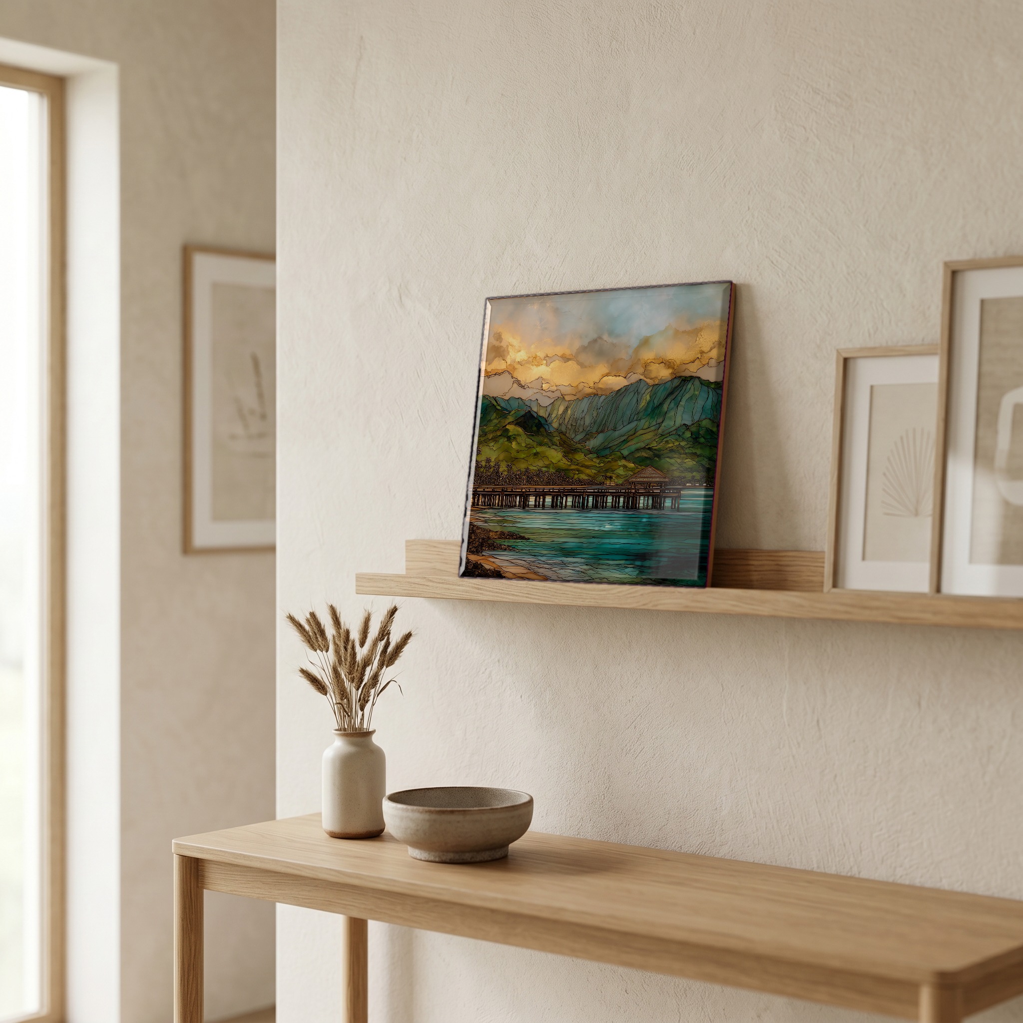 On a picture ledge, where the light comes in.