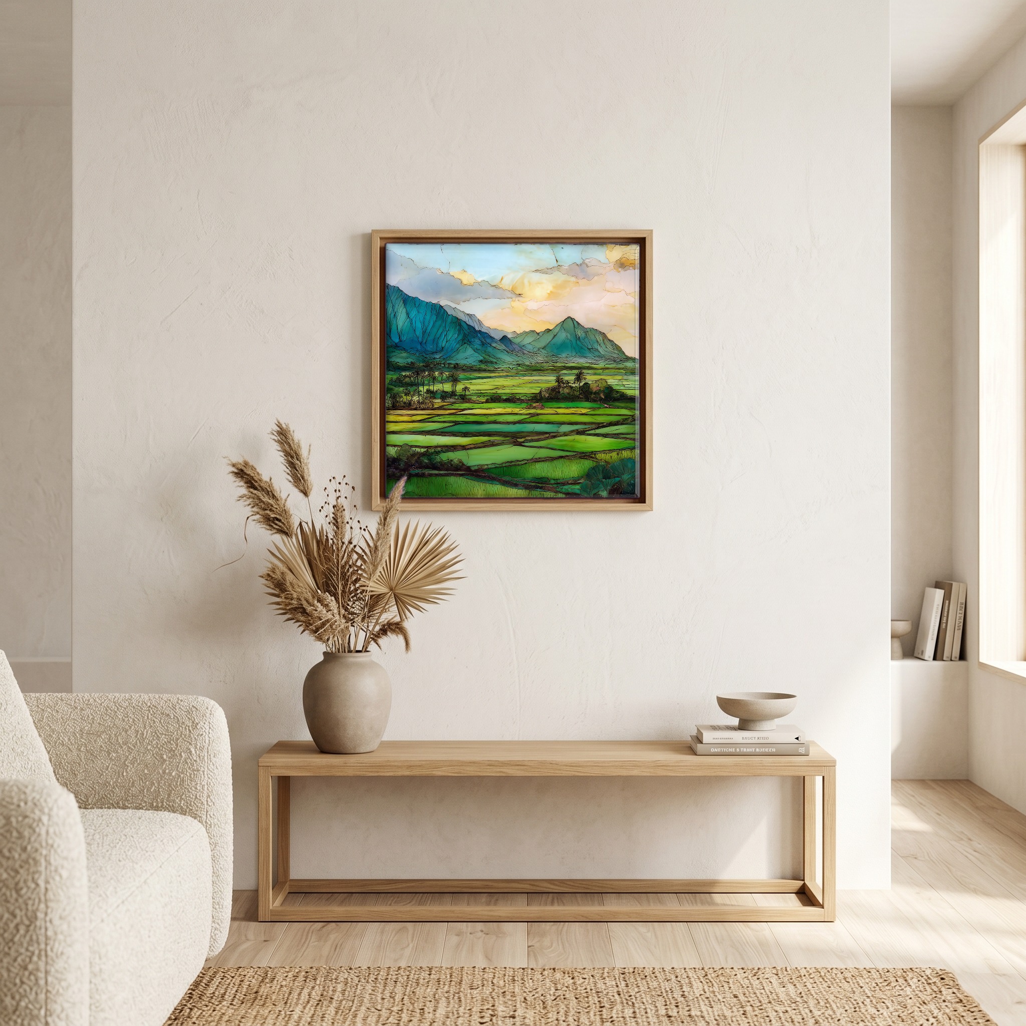 Above the bench, in a warm oak surround.