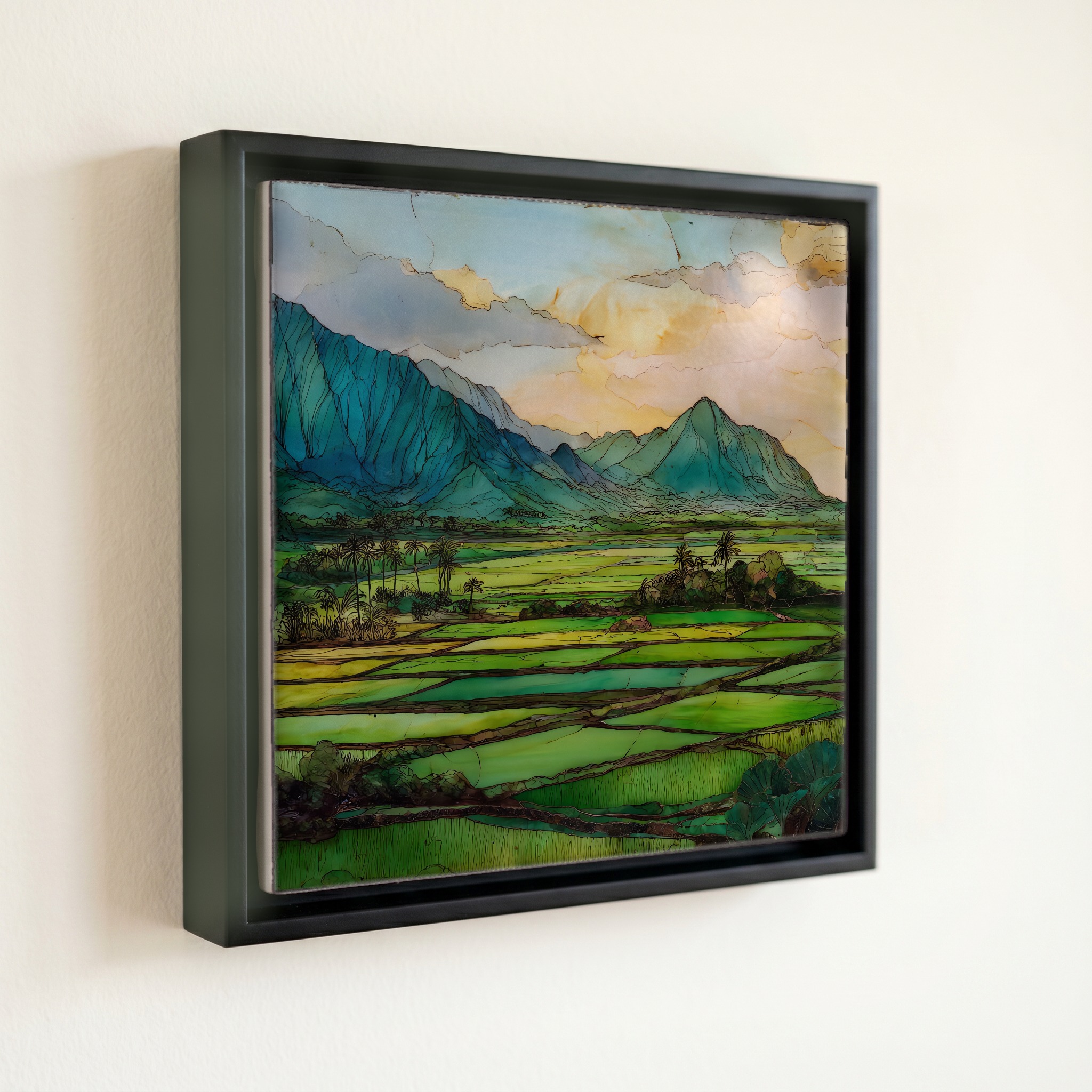 shown in a slim black floating frame · 6 × 6 in