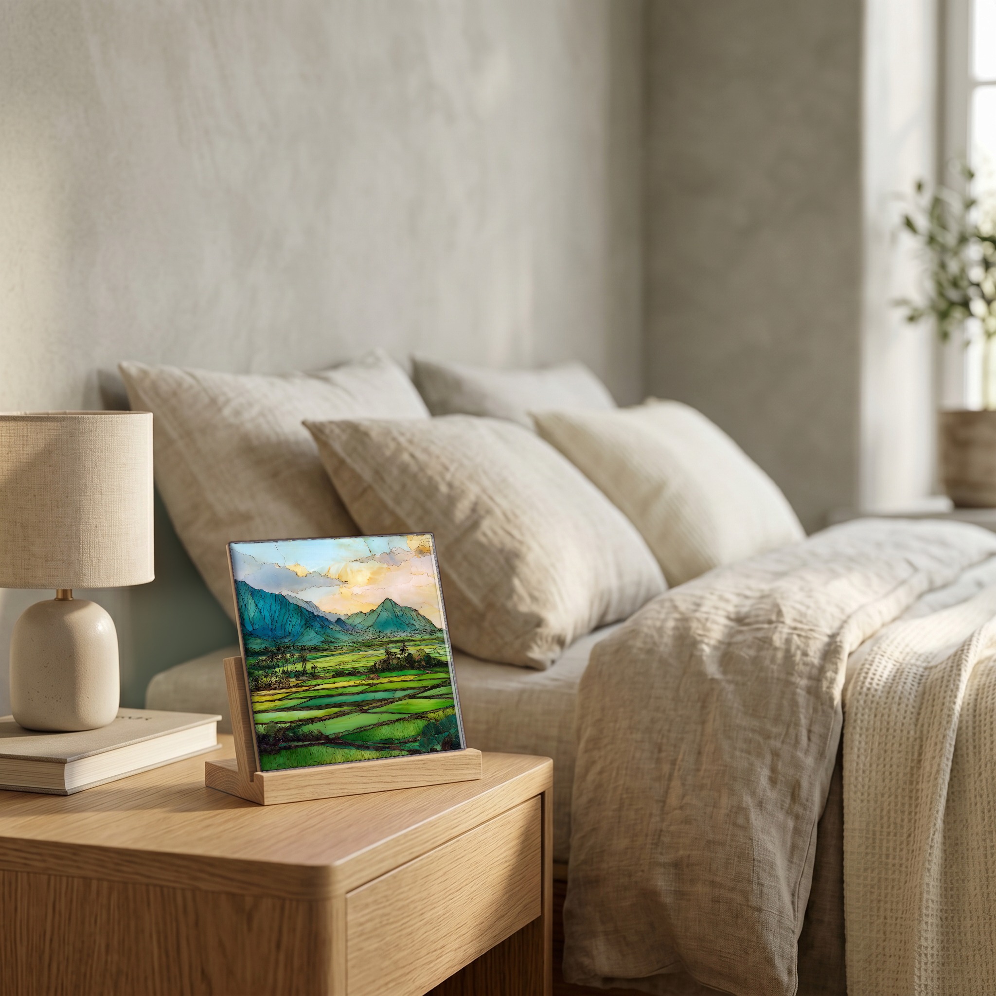 On the nightstand, on a light oak stand.