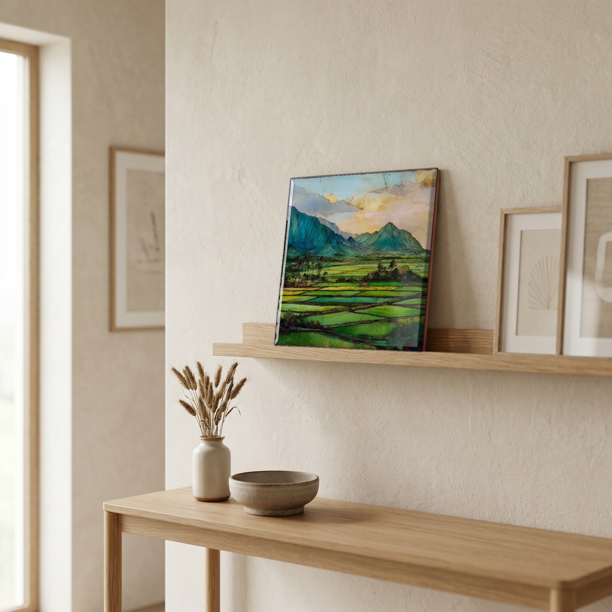 On a picture ledge, where the light comes in.