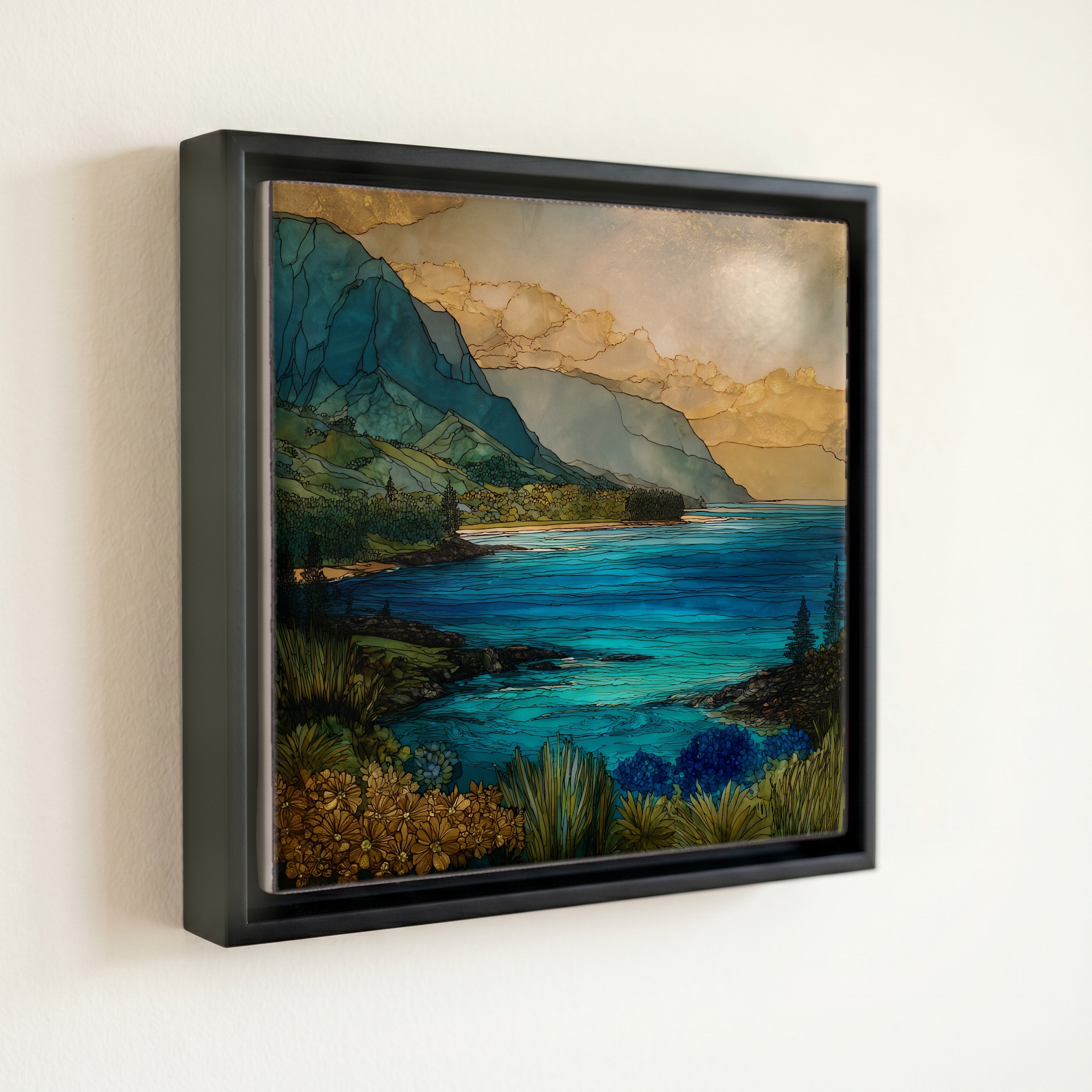shown in a slim black floating frame · 6 × 6 in