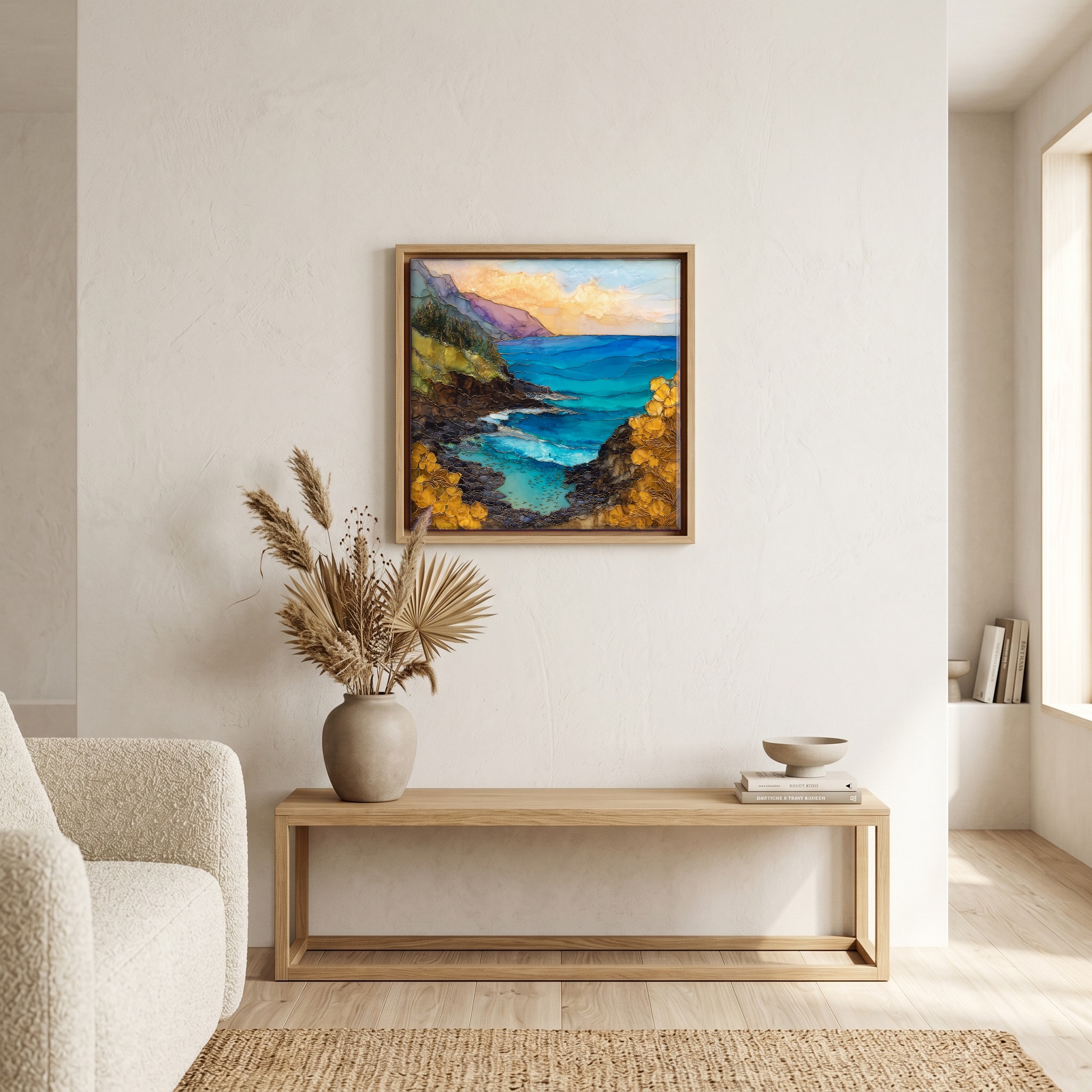 Above the bench, in a warm oak surround.