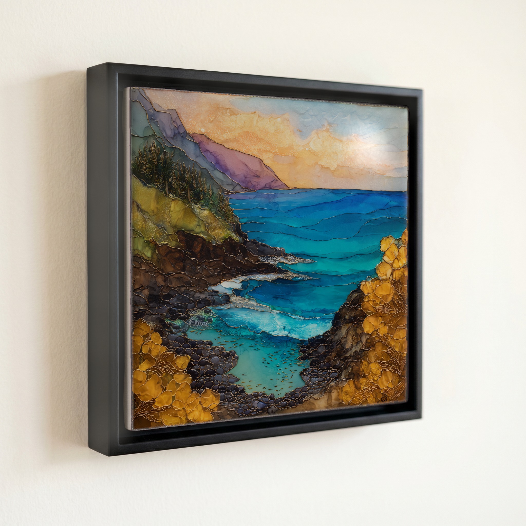 shown in a slim black floating frame · 6 × 6 in