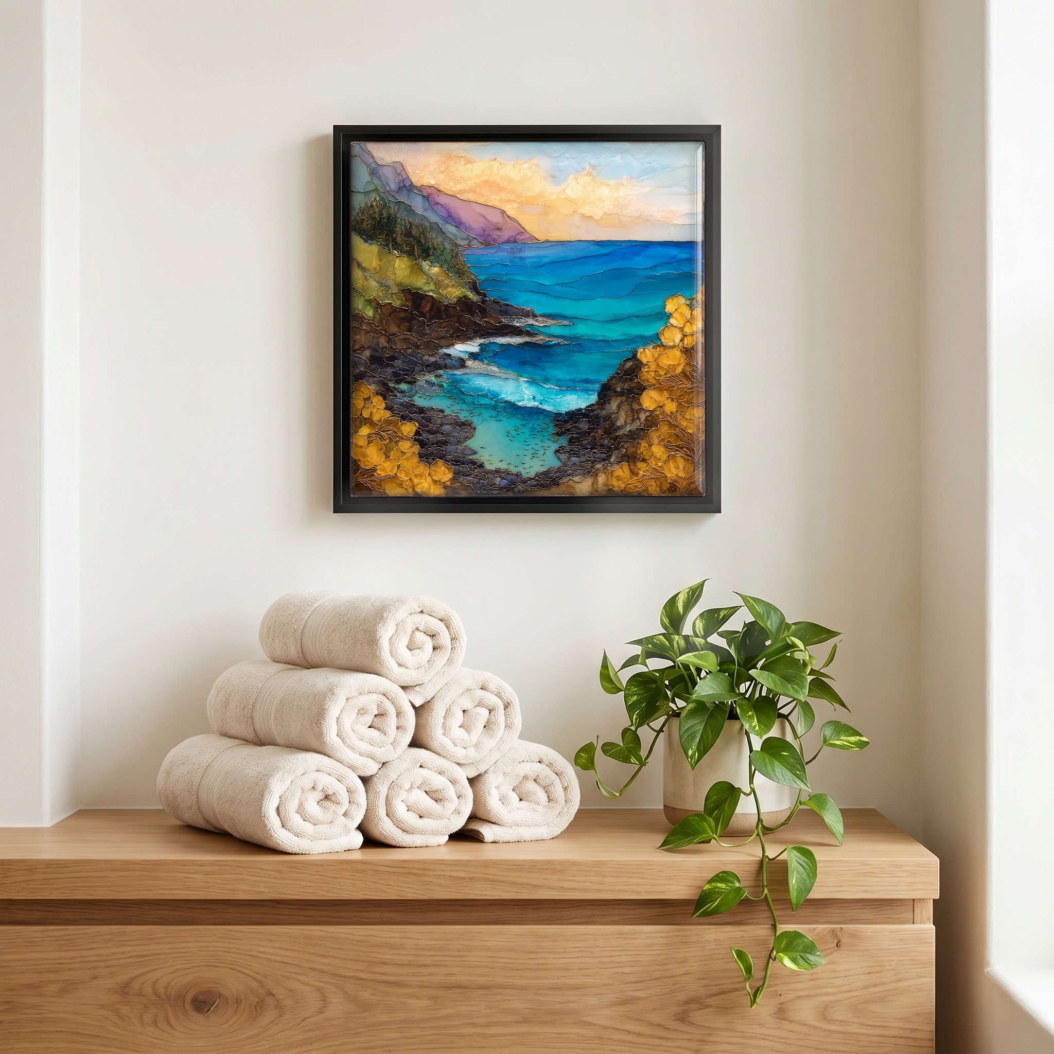 Above the linens, in a slim black surround.