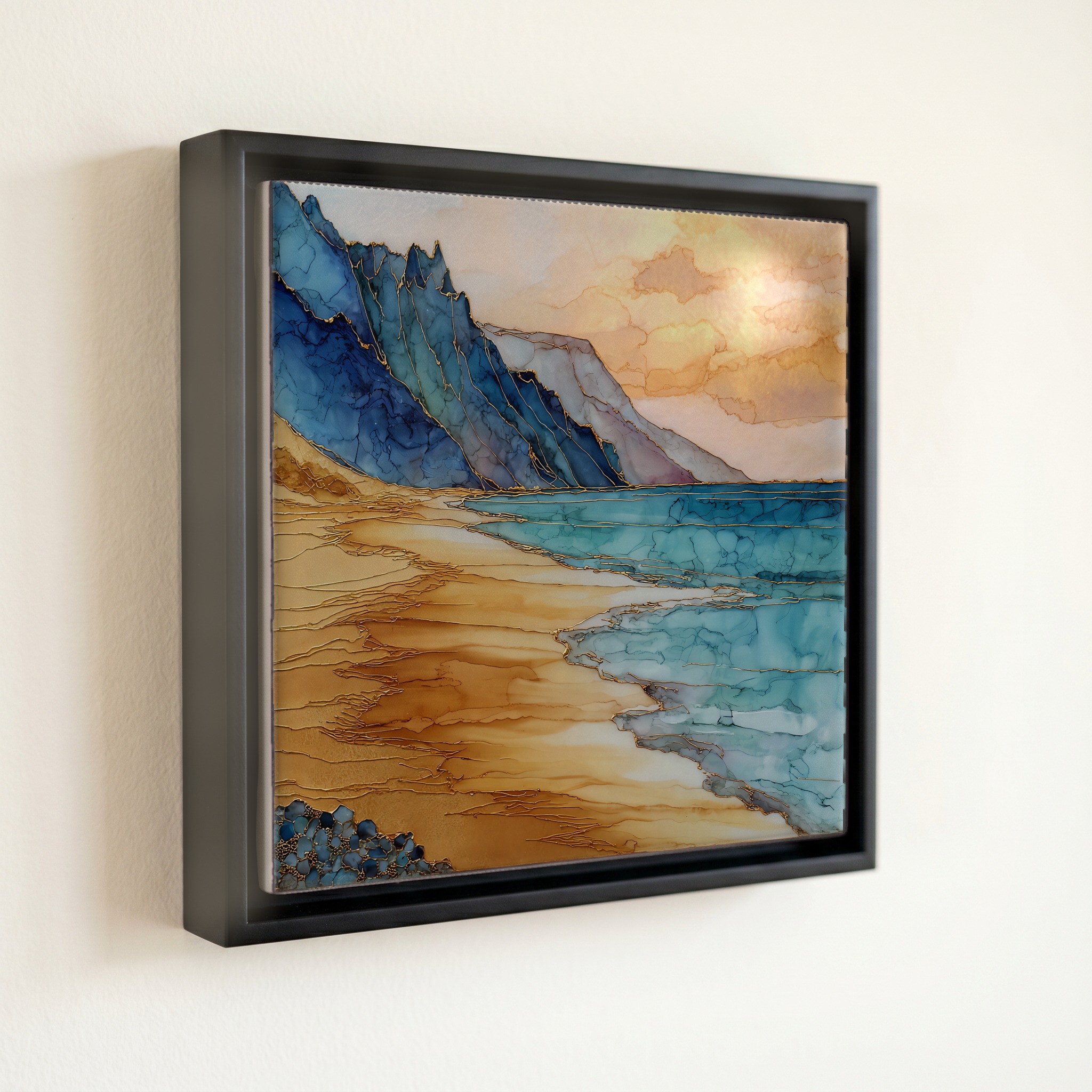 shown in a slim black floating frame · 6 × 6 in