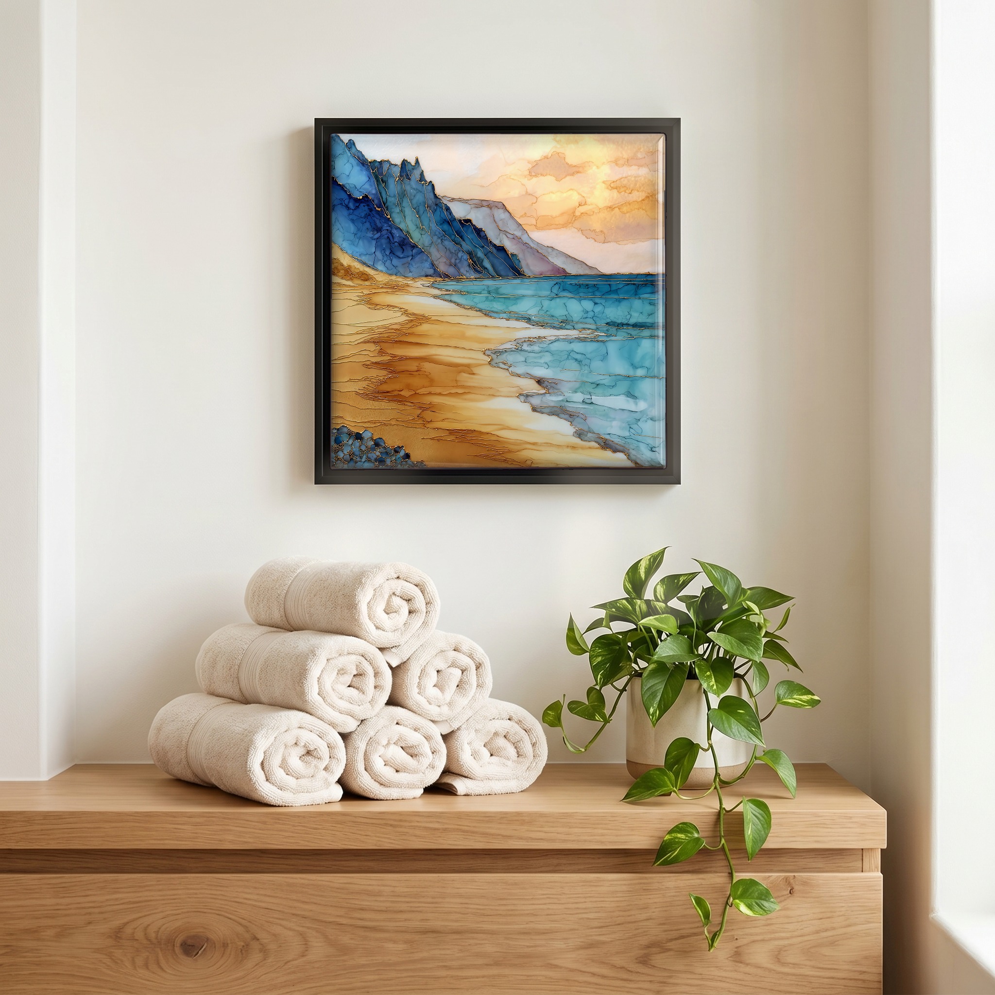 Above the linens, in a slim black surround.