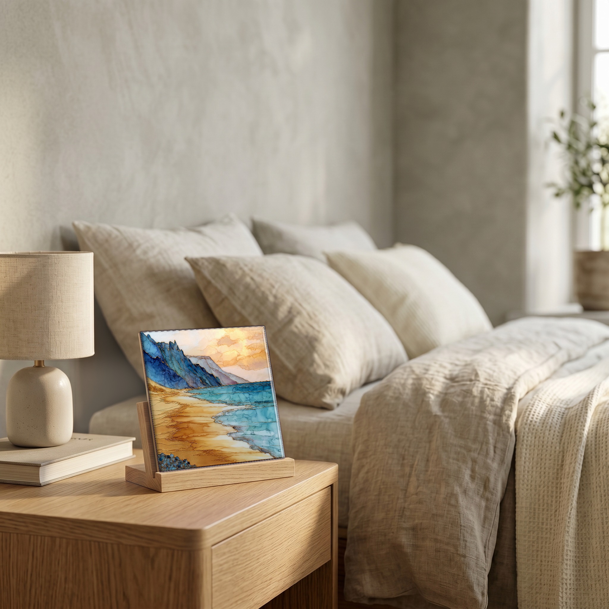 On the nightstand, on a light oak stand.