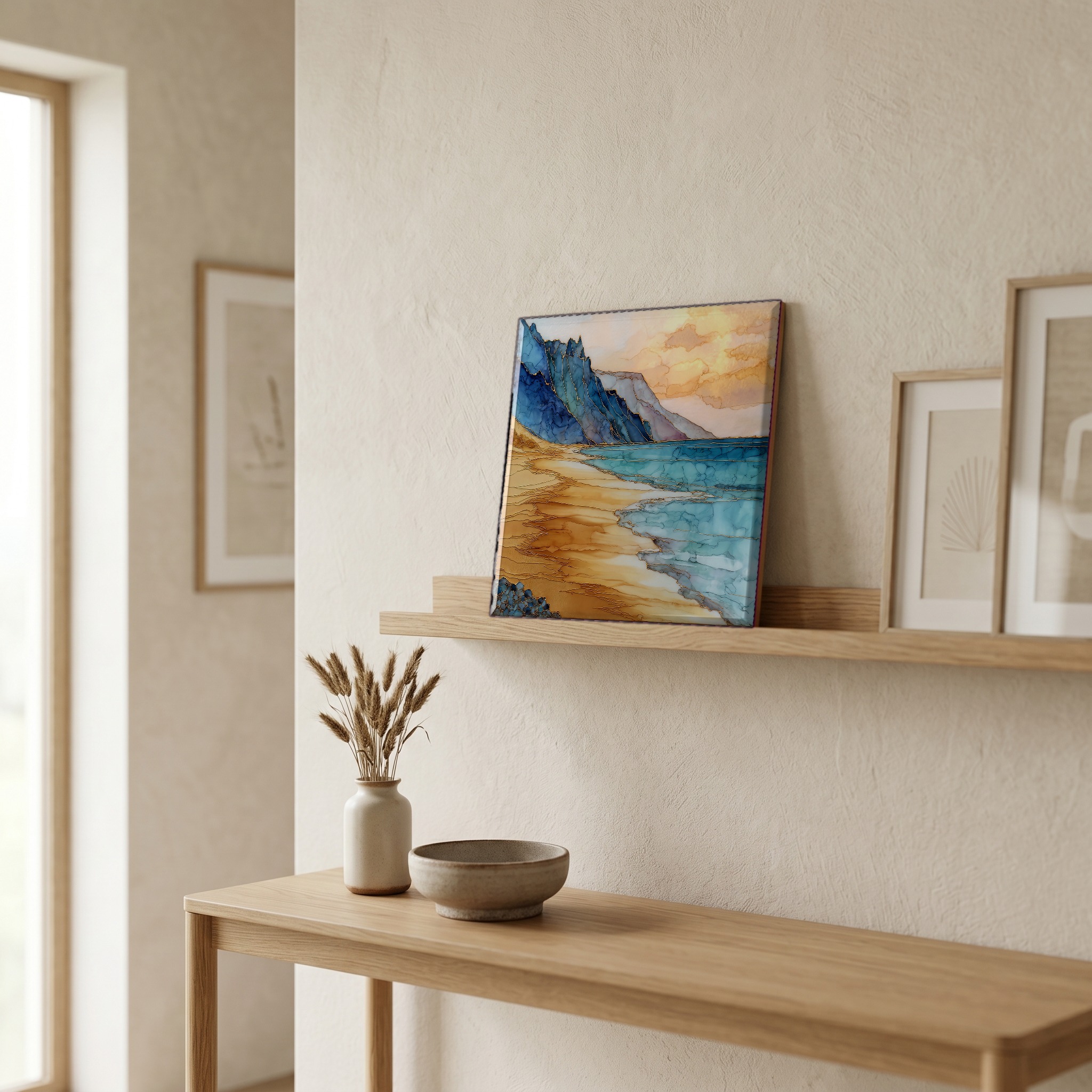 On a picture ledge, where the light comes in.