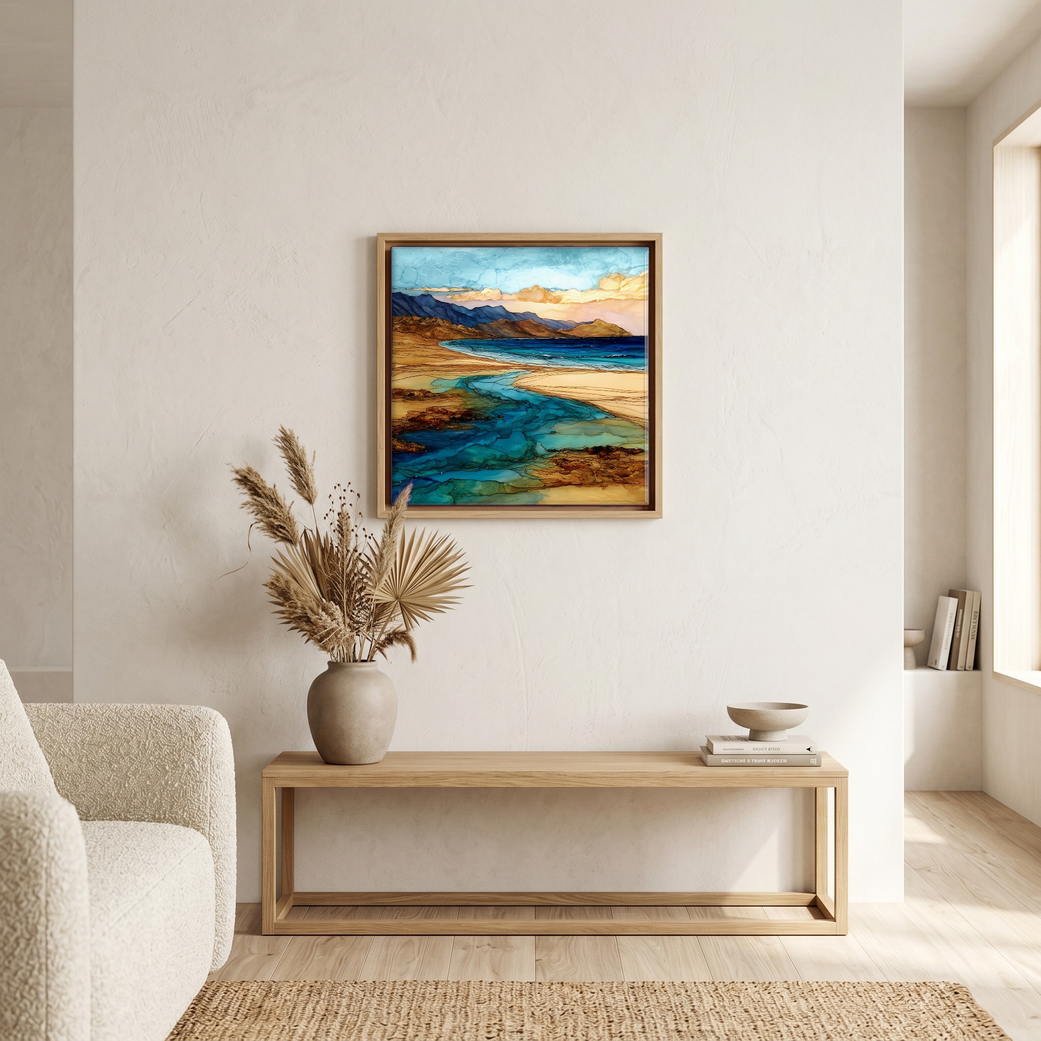 Above the bench, in a warm oak surround.