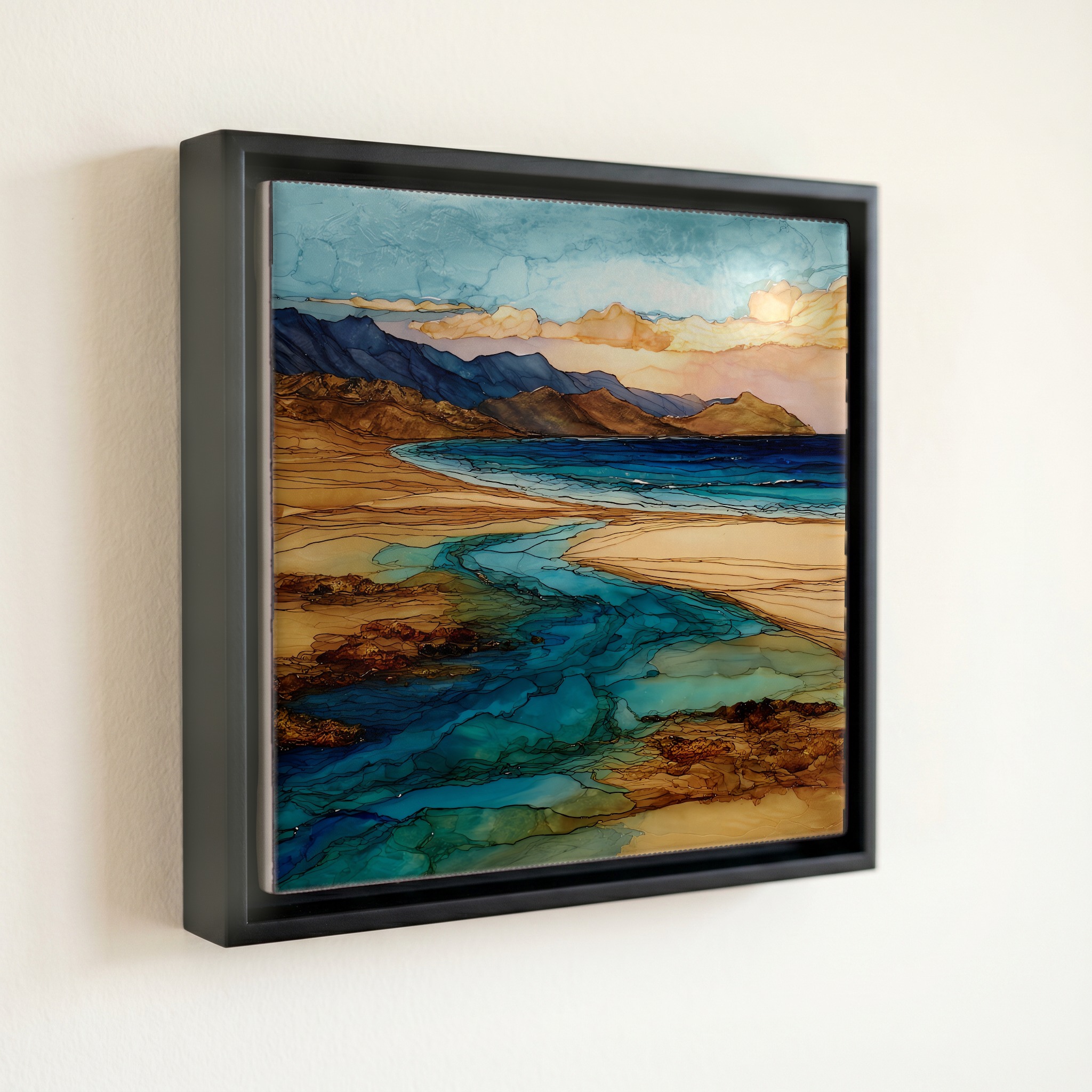 shown in a slim black floating frame · 6 × 6 in