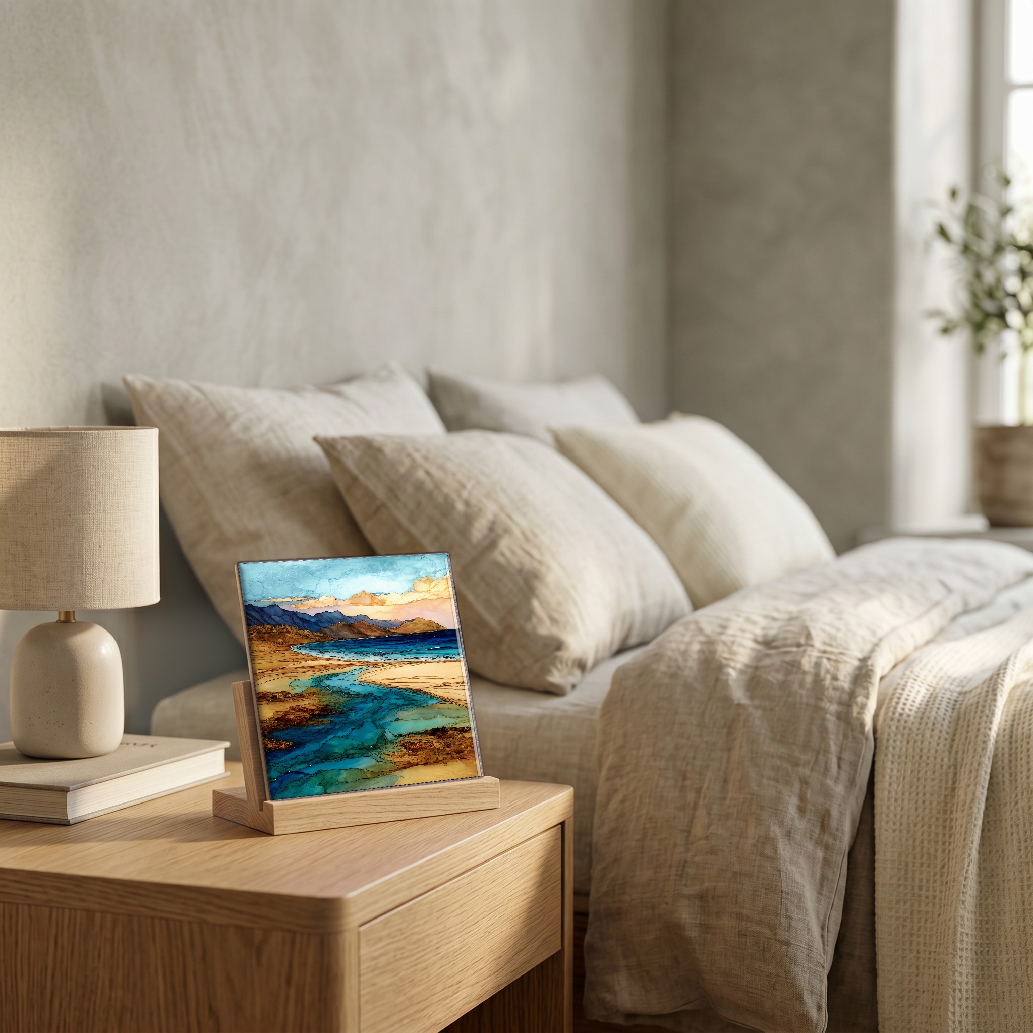 On the nightstand, on a light oak stand.