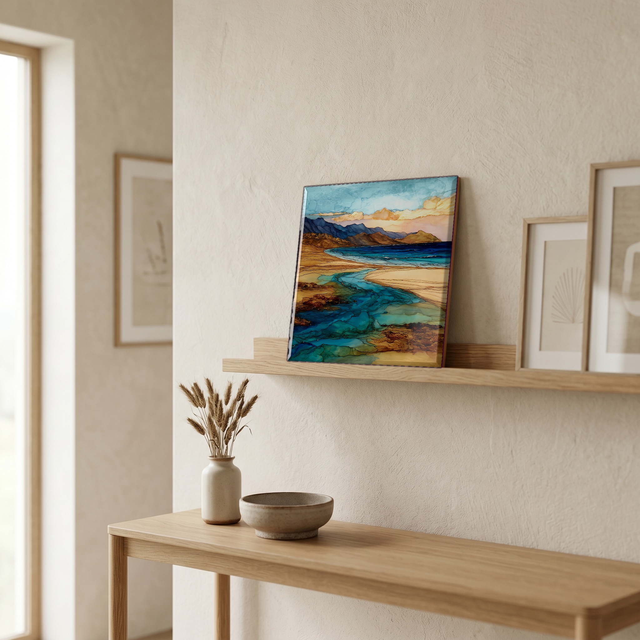 On a picture ledge, where the light comes in.