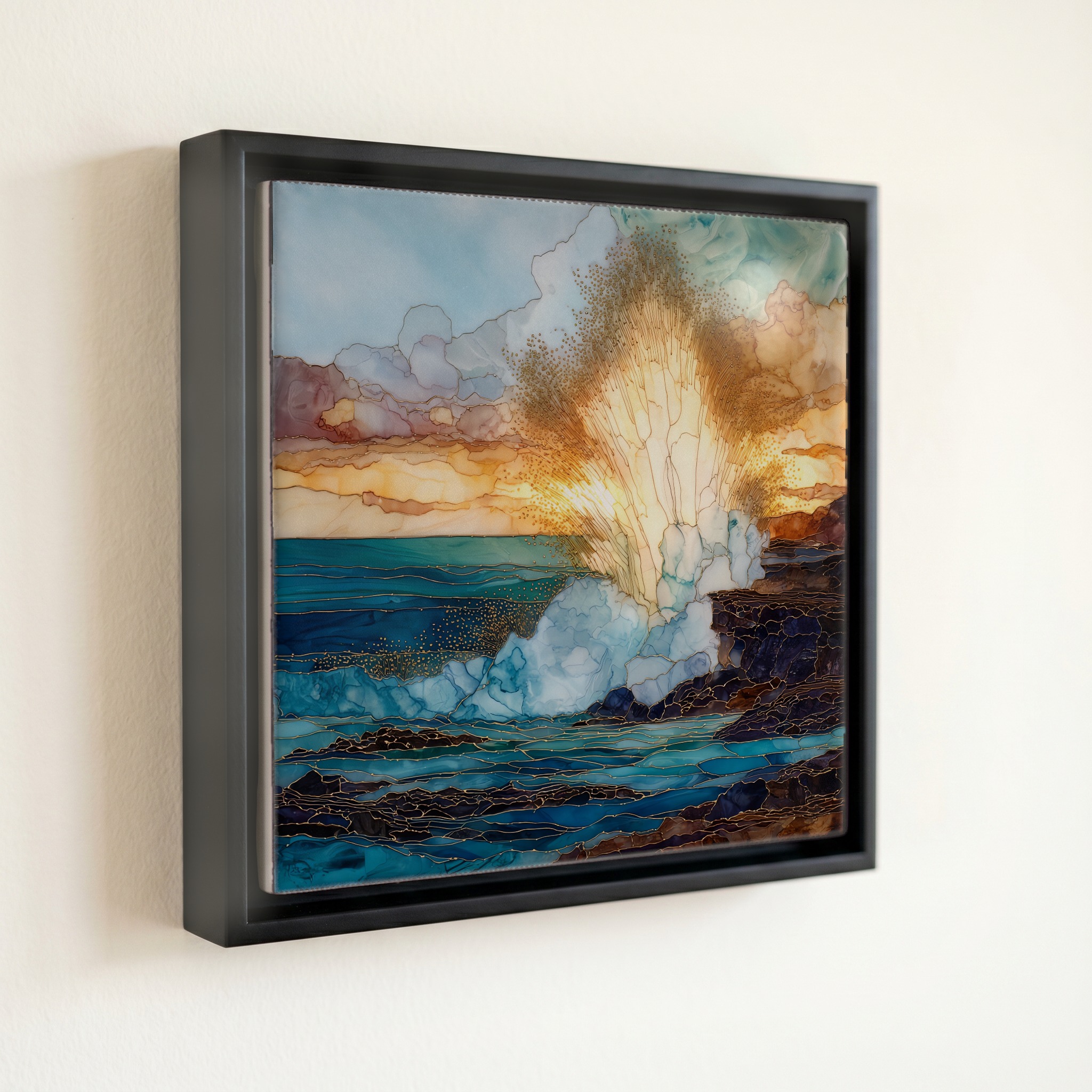 shown in a slim black floating frame · 6 × 6 in