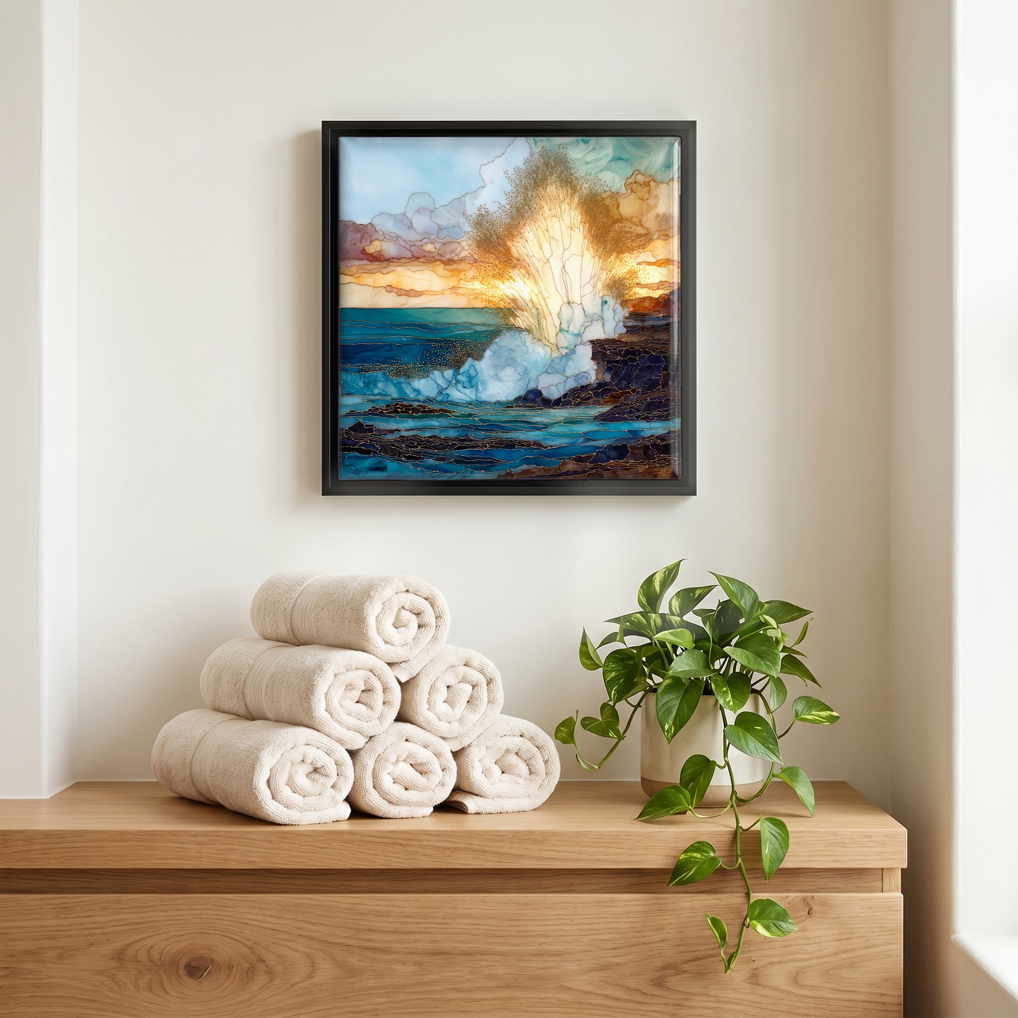 Above the linens, in a slim black surround.